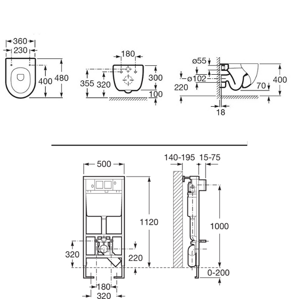Zestaw Roca Meridian Compacto miska WC Maxi Clean ze stelażem podtynkowym Duplo A8900900MC (A89009000K, A34624800M)