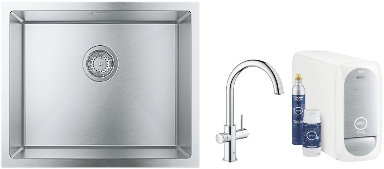 Sada kuchyňská baterie s filtrem Grohe Blue 31455001, ocelový dřez Grohe K700 31726SD0