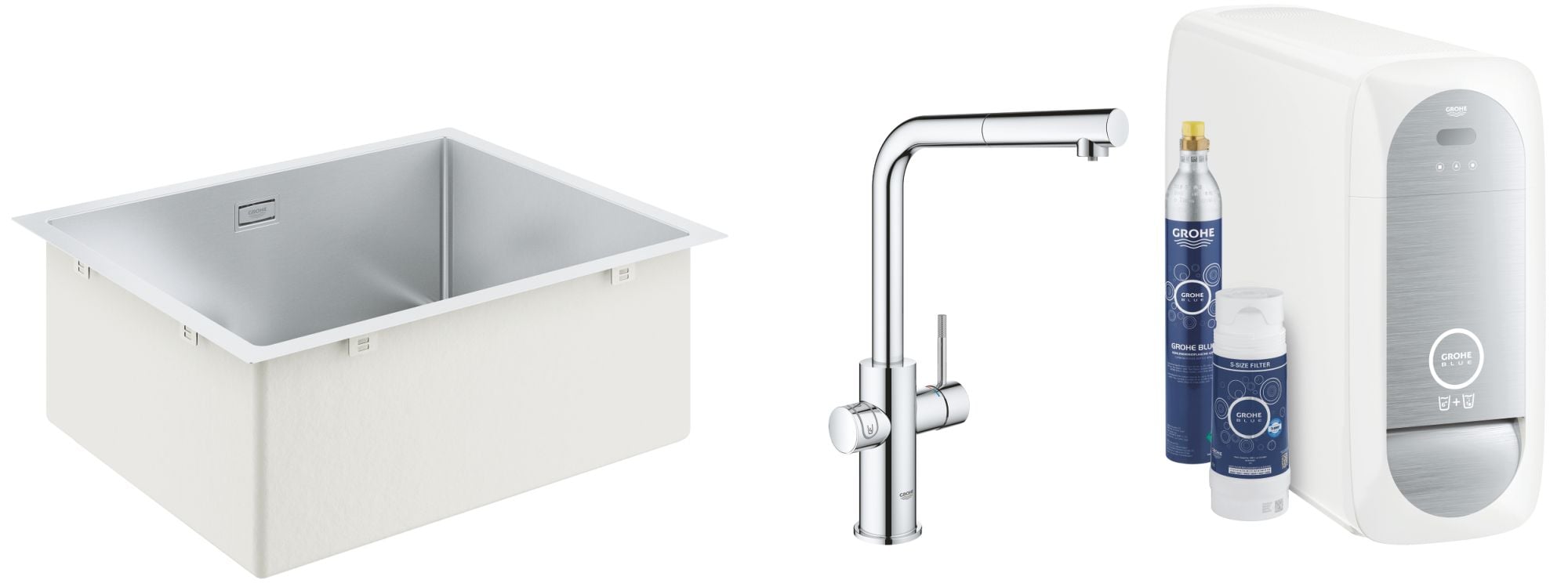 Sada startovací sada s kuchyňskou baterií Grohe Blue 31539000, ocelový dřez Grohe K700 31726SD0
