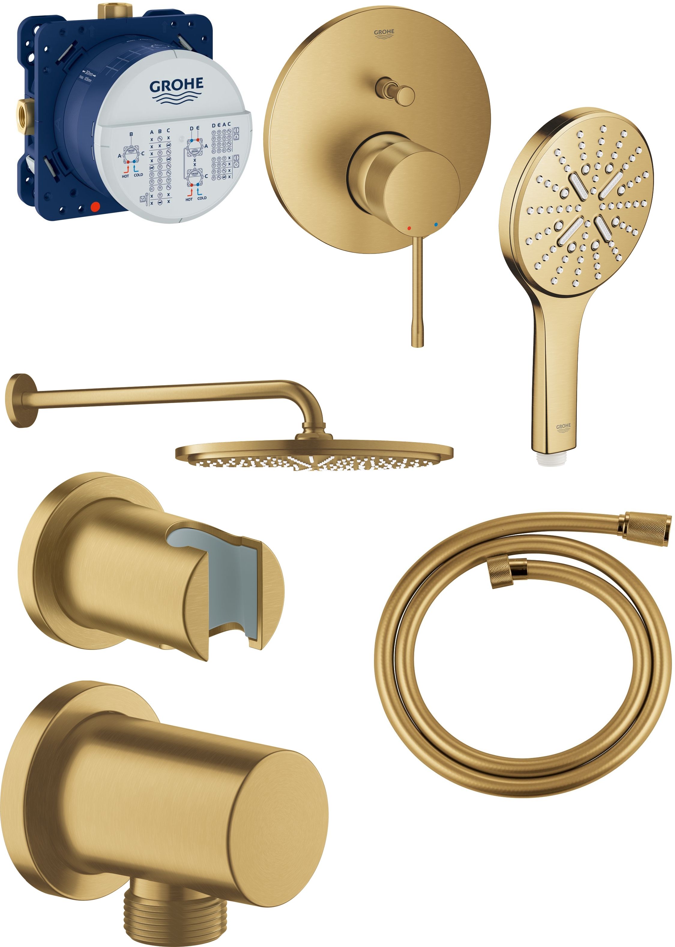 Set hlavová sprchá s ramenem Grohe Rainshower 26066GN0, vanová baterie Grohe Essence 24058GN1, 26574GN0, 27057GN0, 27074GN0, 28362GL0