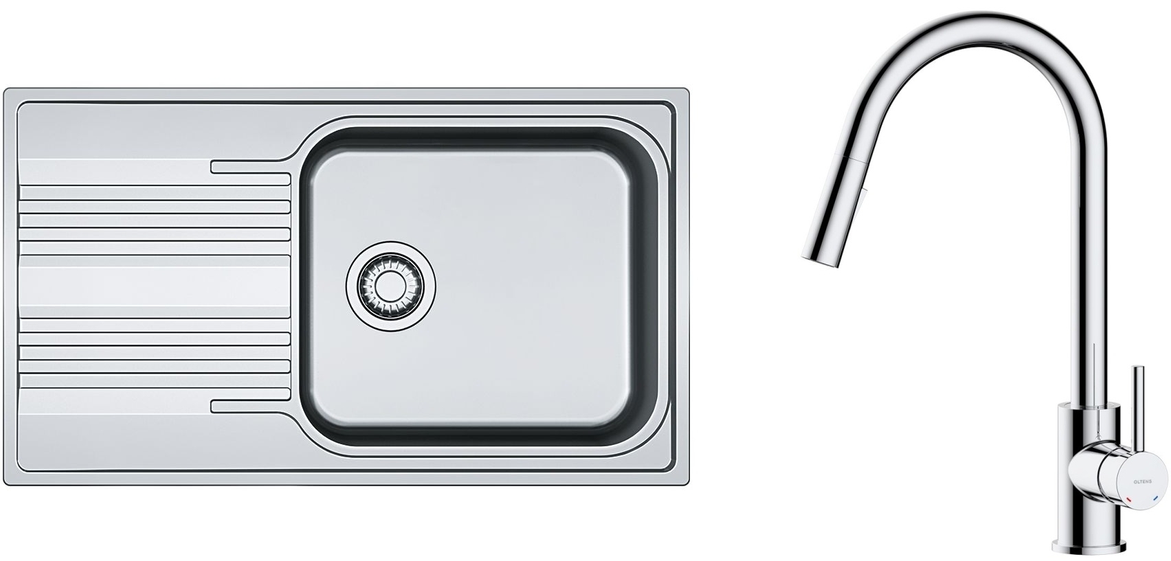 Sada ocelový dřez Franke Smart 101.0368.324, kuchyňská baterie Oltens Litla 35204100
