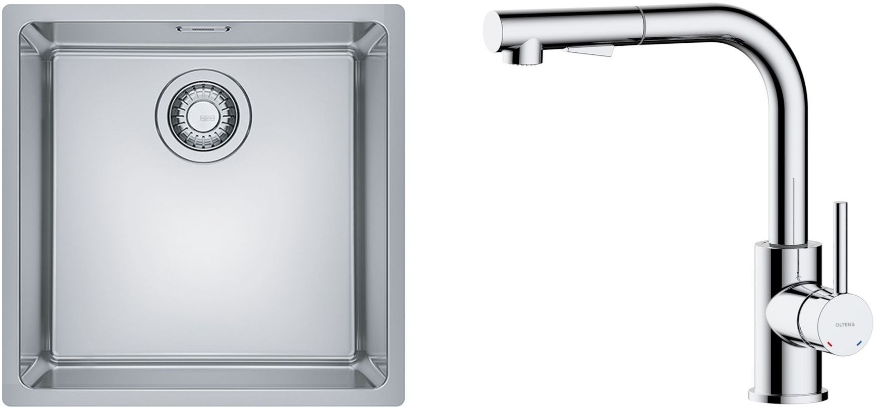 Sada ocelový dřez Franke Maris 122.0543.995, kuchyňská baterie Oltens Myvat 35205100