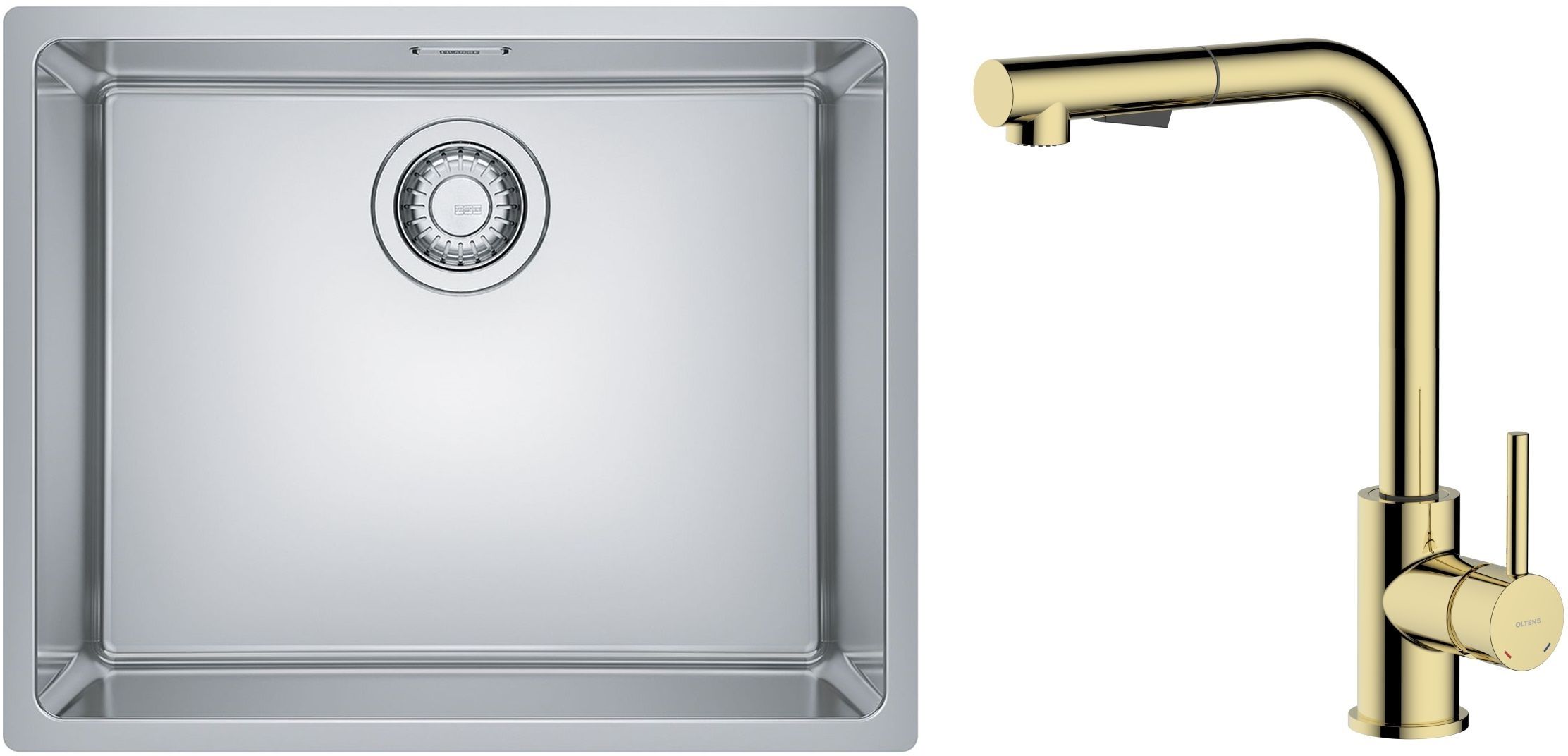 Sada ocelový dřez Franke Maris 122.0543.996, kuchyňská baterie Oltens Myvat 35205800