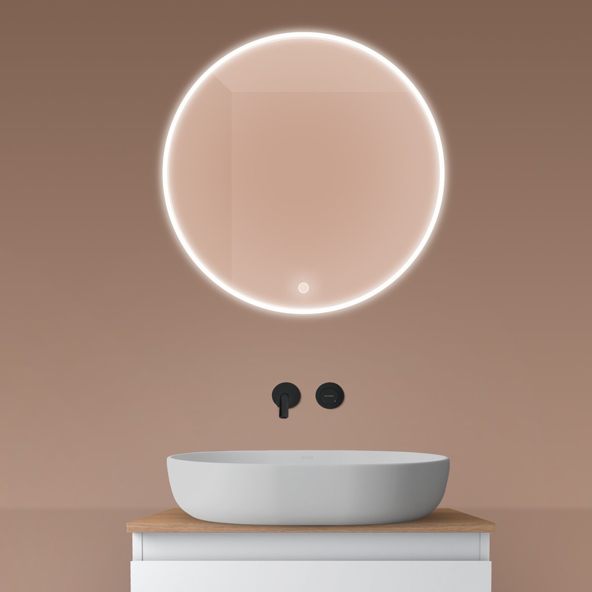 Oltens Nordlis zrcadlo 60x60 cm kulatý s osvětlením s vyhřívací podložkou 64100000