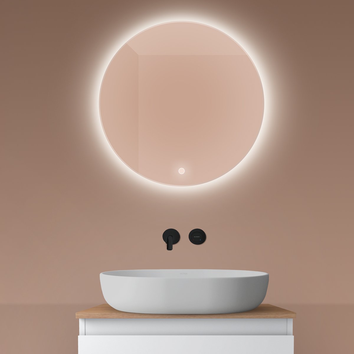 Oltens Nordlis zrcadlo 60x60 cm kulatý s osvětlením s vyhřívací podložkou 64108000