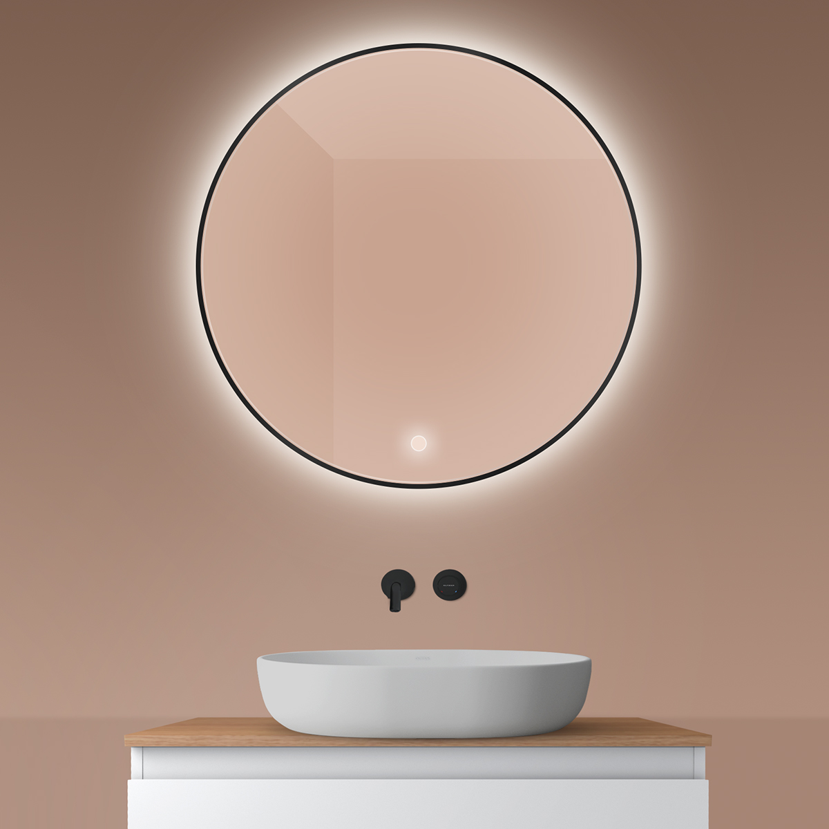 Oltens Nordlis zrcadlo 80x80 cm kulatý s osvětlením s vyhřívací podložkou černá 64109300