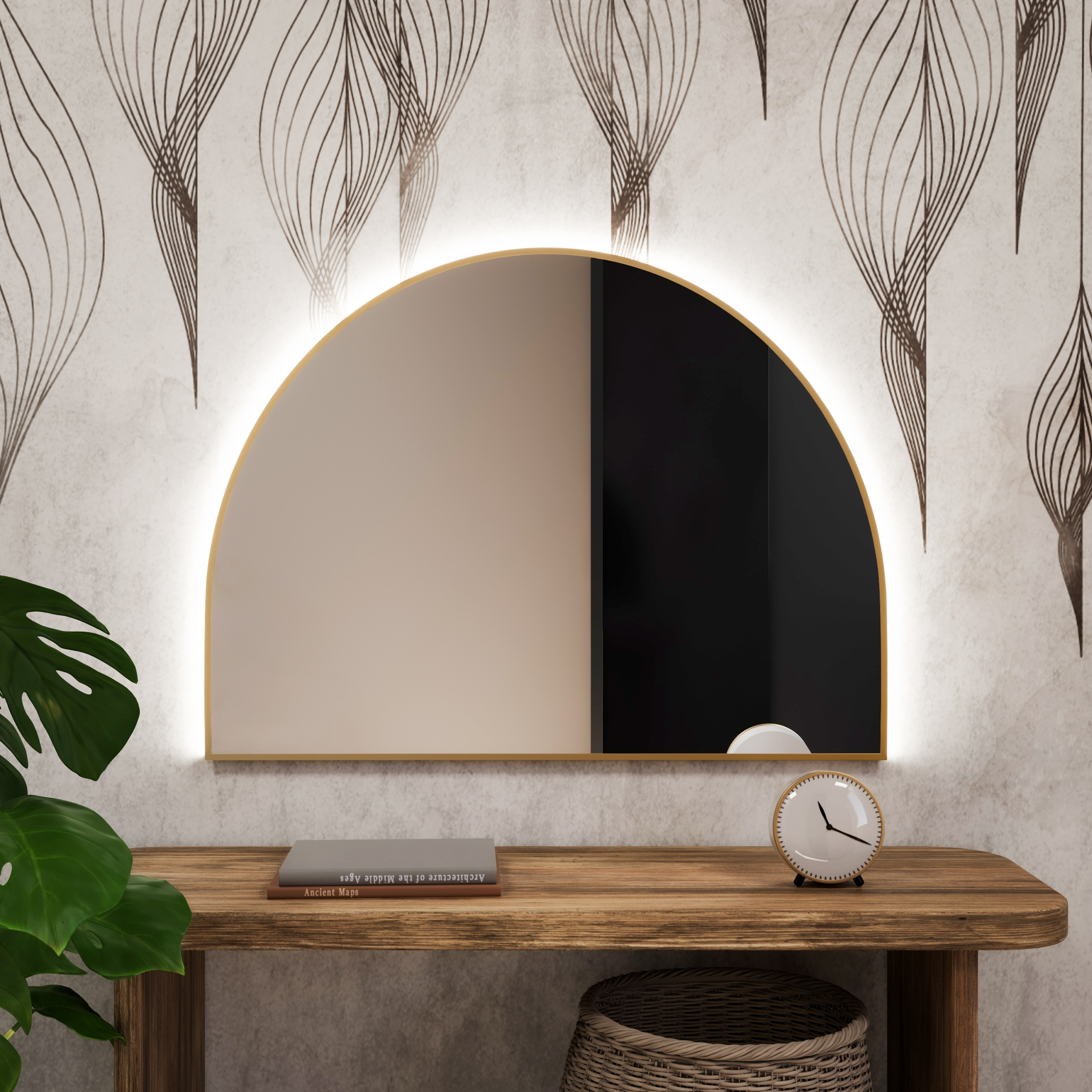 Baltica Design Tiny Border Semi Round zrcadlo 140x70 cm s osvětlením zlatá 5904107927725