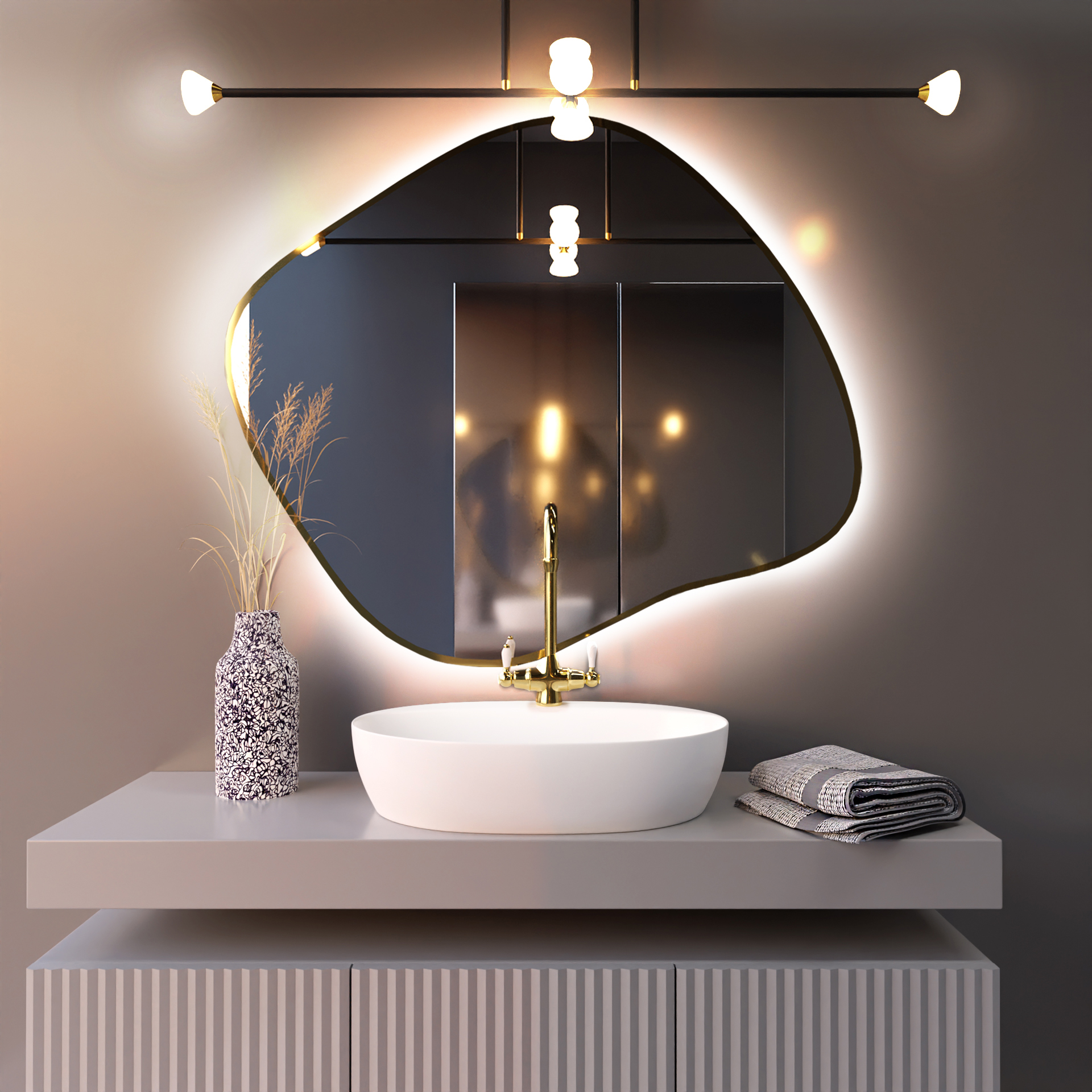 Baltica Design Bright Stain III zrcadlo 70x60 cm s osvětlením zlatá 5904107920542