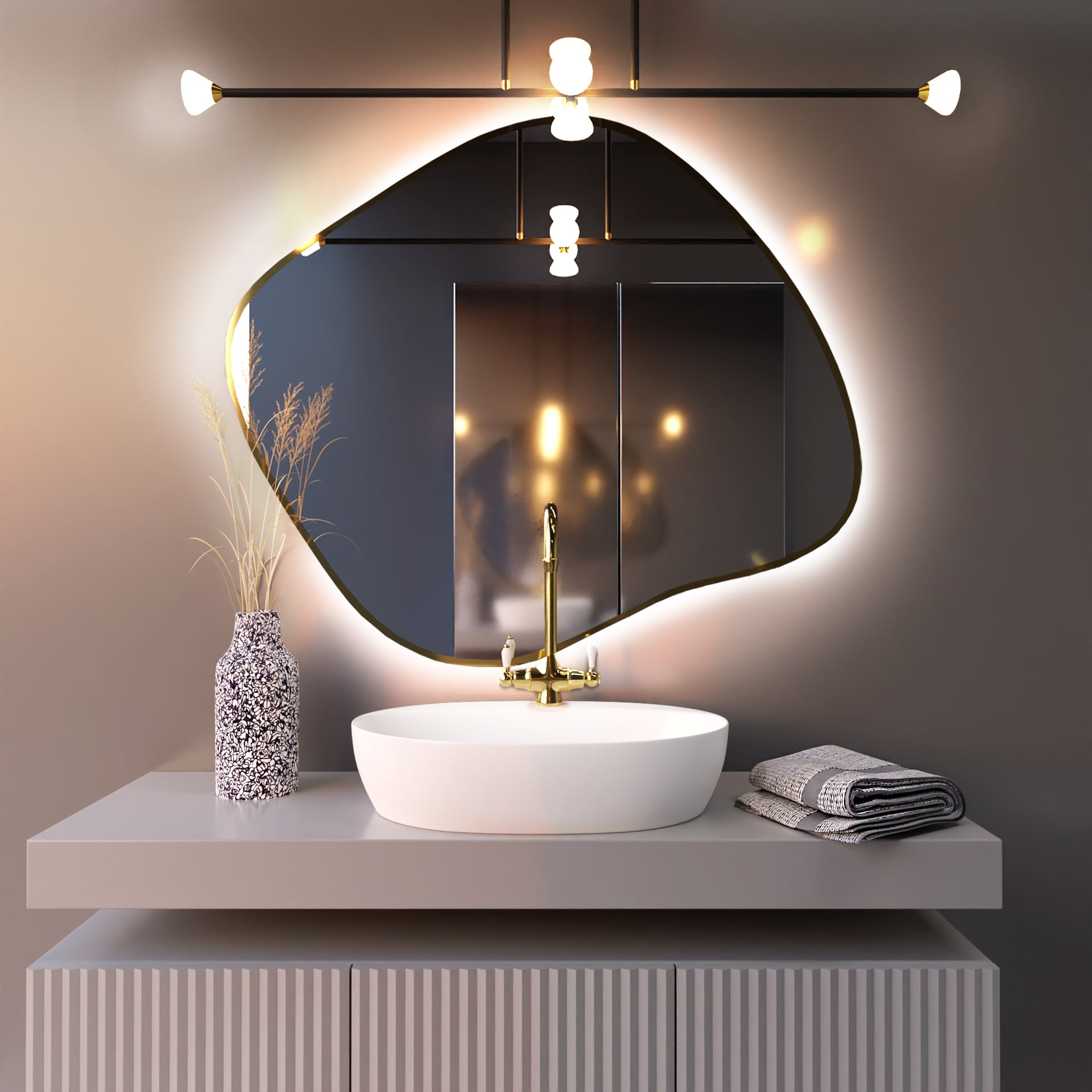 Baltica Design Bright Stain III zrcadlo 70x60 cm s osvětlením zlatá 5904107920535