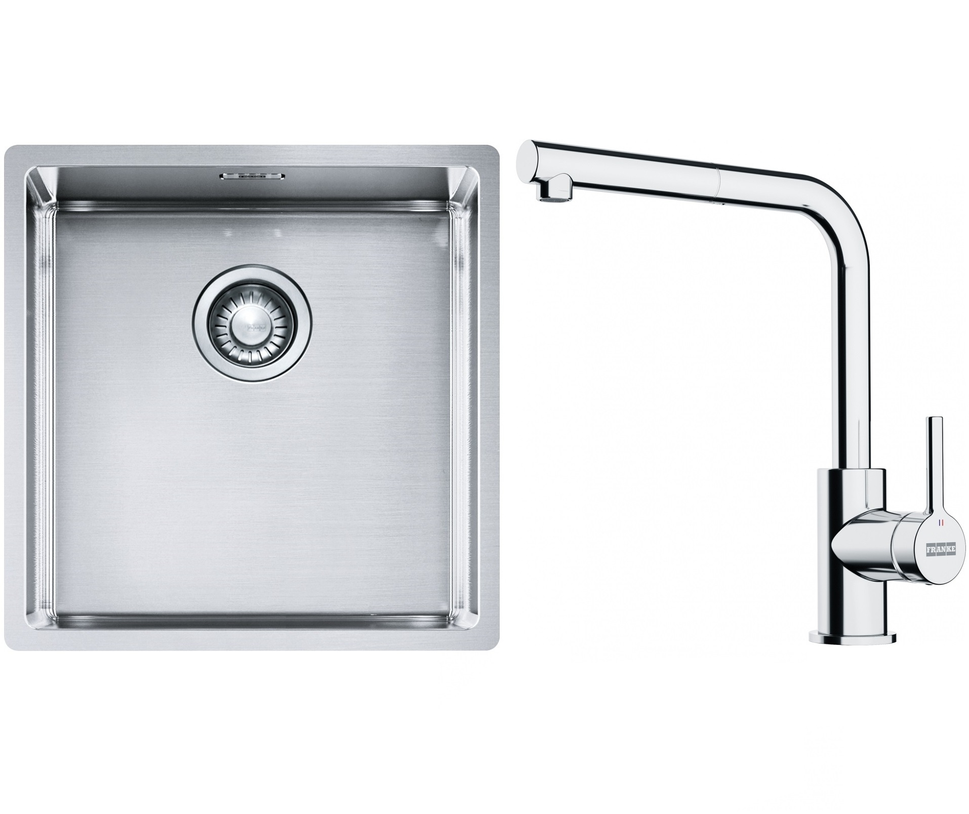 Sada ocelový dřez Franke Box 127.0453.654, kuchyňská baterie Franke Lina 115.0712.420
