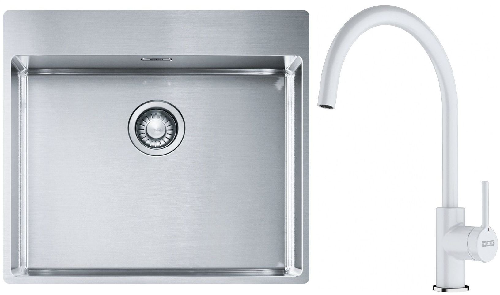 Sada ocelový dřez Franke Box 127.0369.295, kuchyňská baterie Franke Lina 115.0626.024