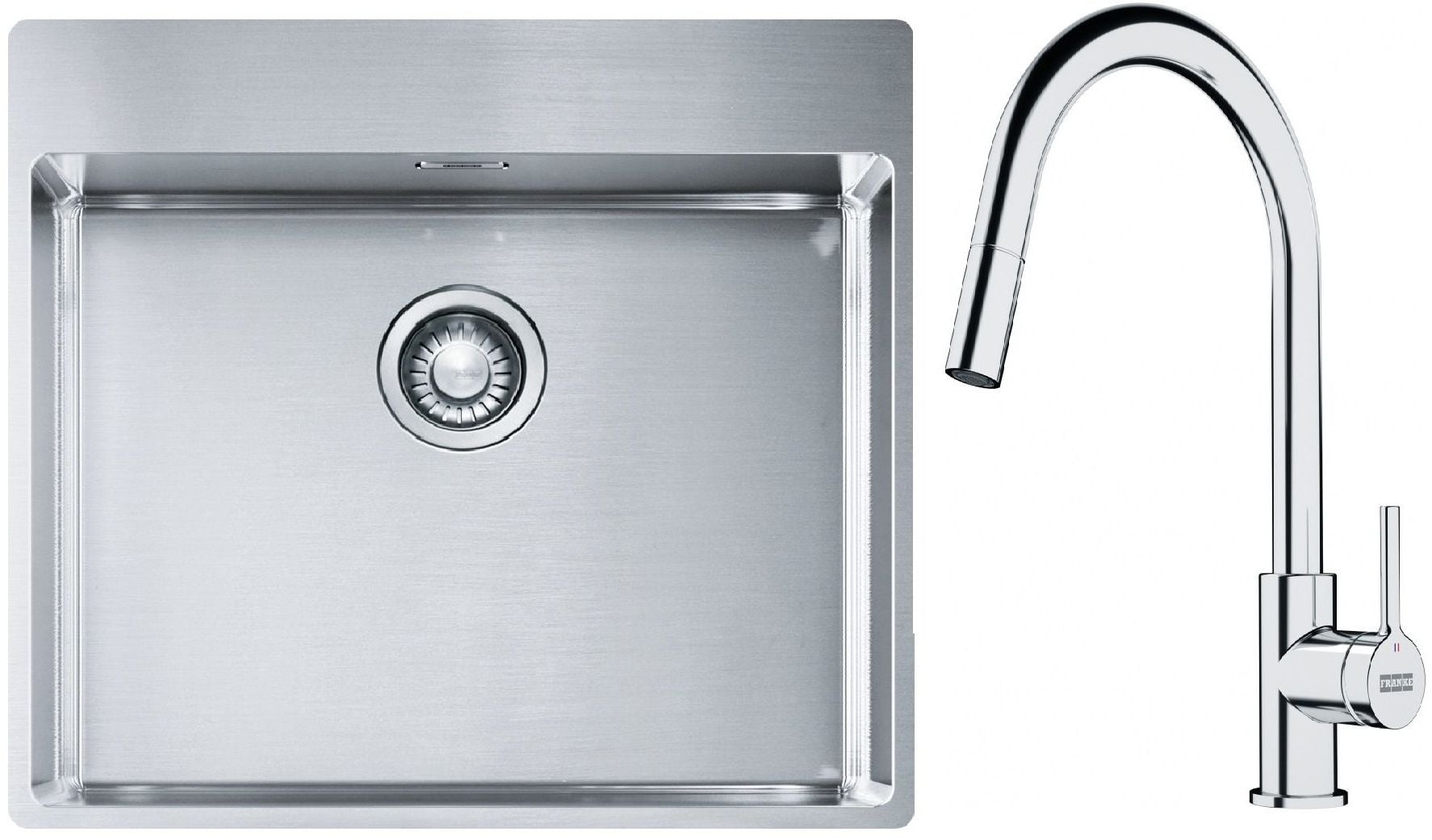 Sada ocelový dřez Franke Box 127.0369.295, kuchyňská baterie Franke Lina 115.0693.229