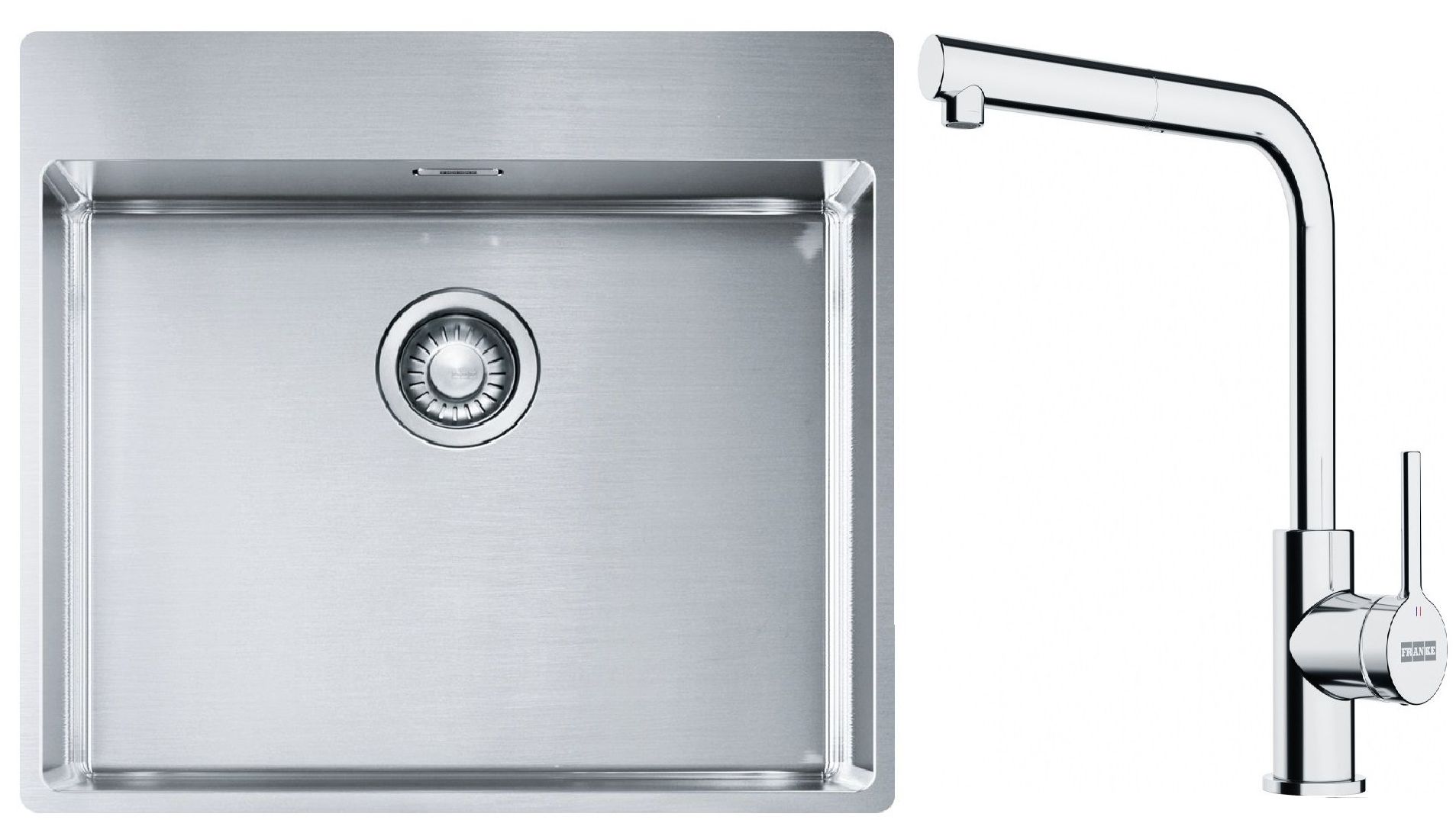 Sada ocelový dřez Franke Box 127.0369.295, kuchyňská baterie Franke Lina 115.0712.420