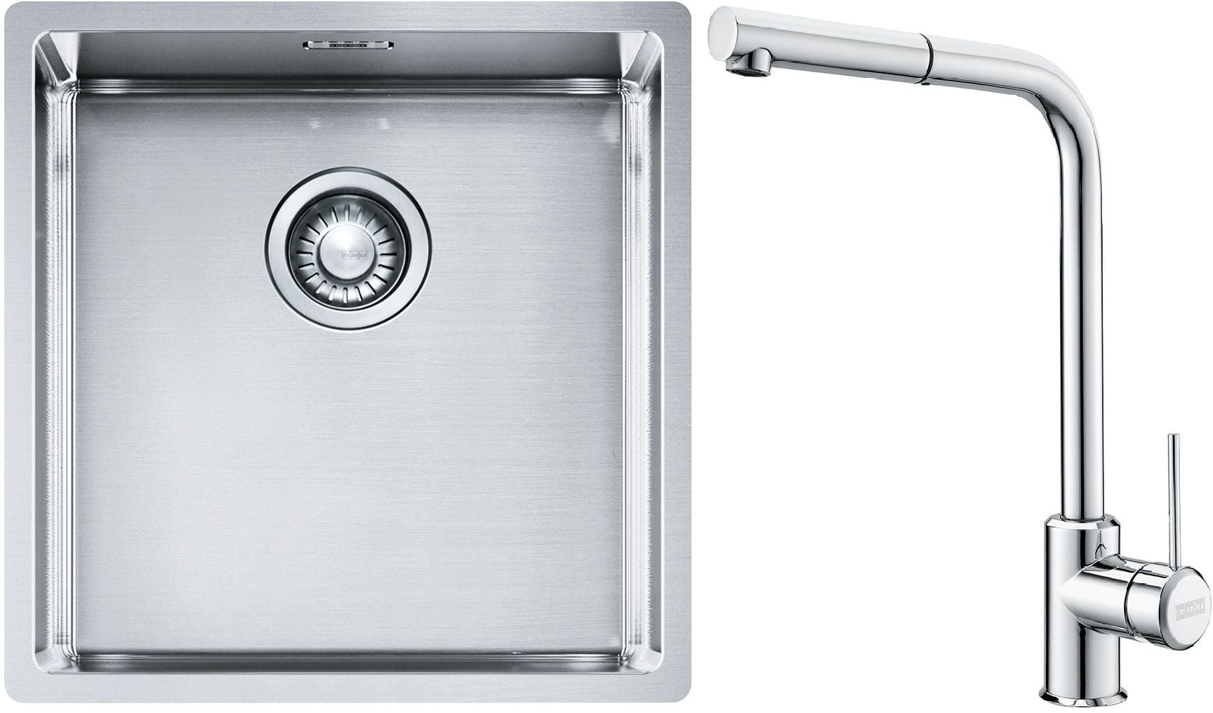 Sada ocelový dřez Franke Box 127.0453.654, kuchyňská baterie Franke Sirius Side 115.0668.280
