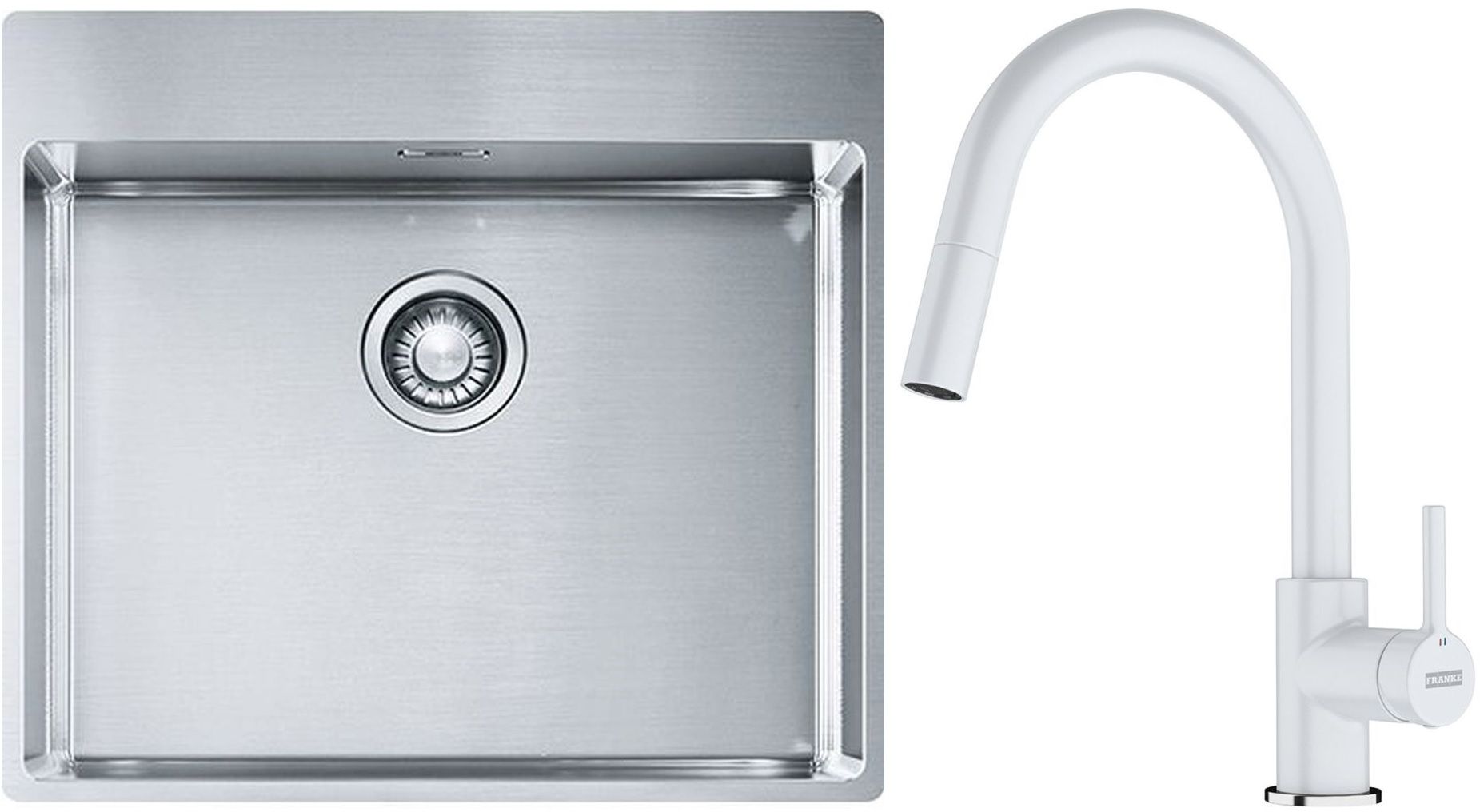 Sada ocelový dřez Franke Box 127.0369.295, kuchyňská baterie Franke Lina 115.0626.081