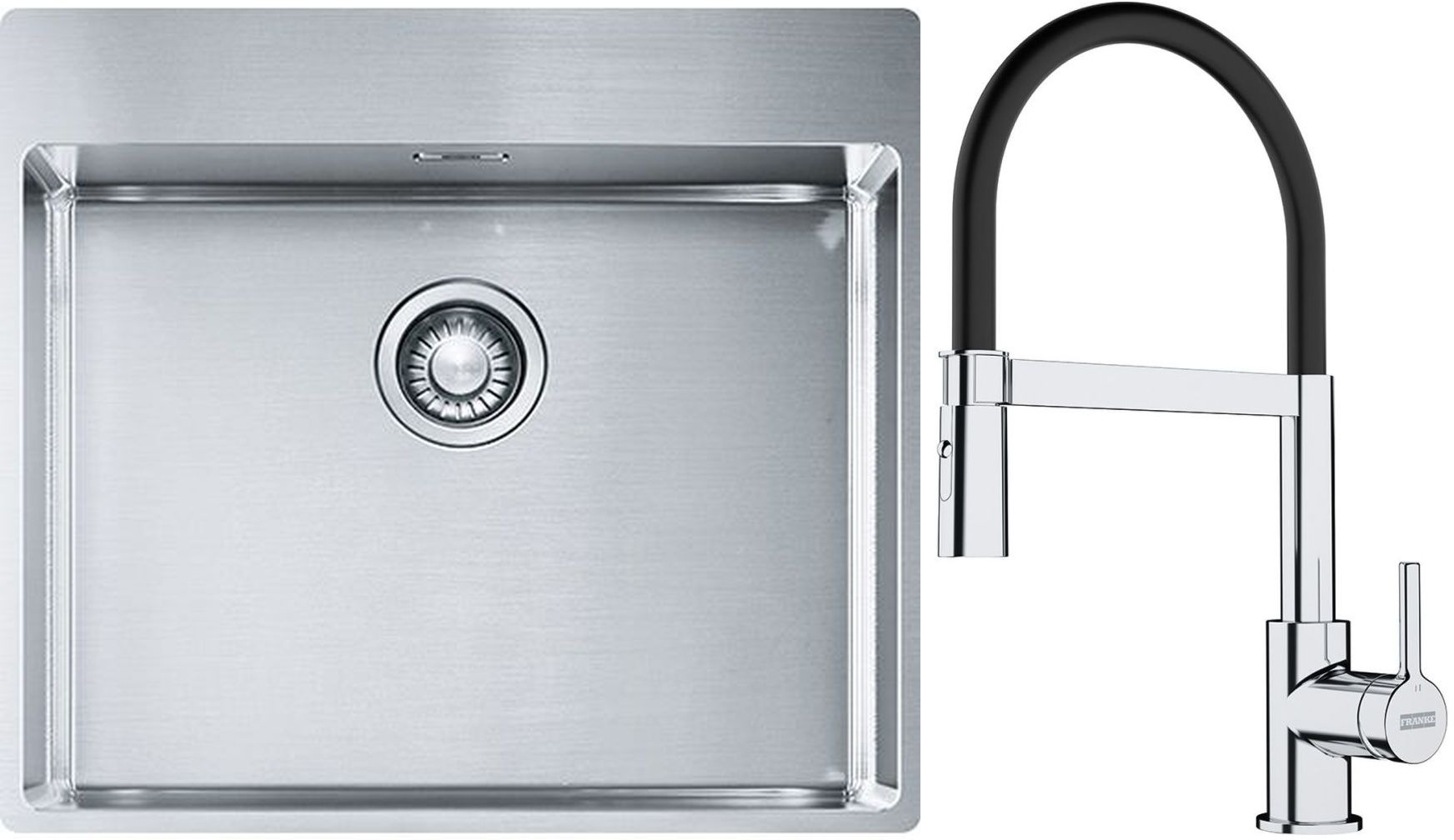 Sada ocelový dřez Franke Box 127.0369.295, kuchyňská baterie Franke Lina 115.0626.085