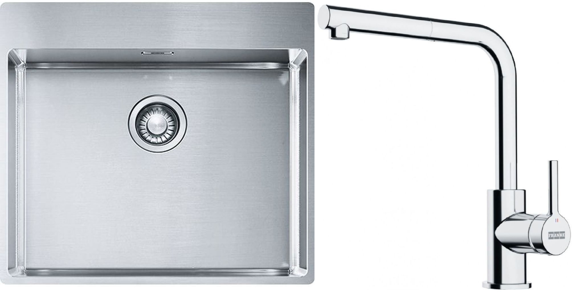 Sada ocelový dřez Franke Box 127.0369.295, kuchyňská baterie Franke Lina 115.0712.420