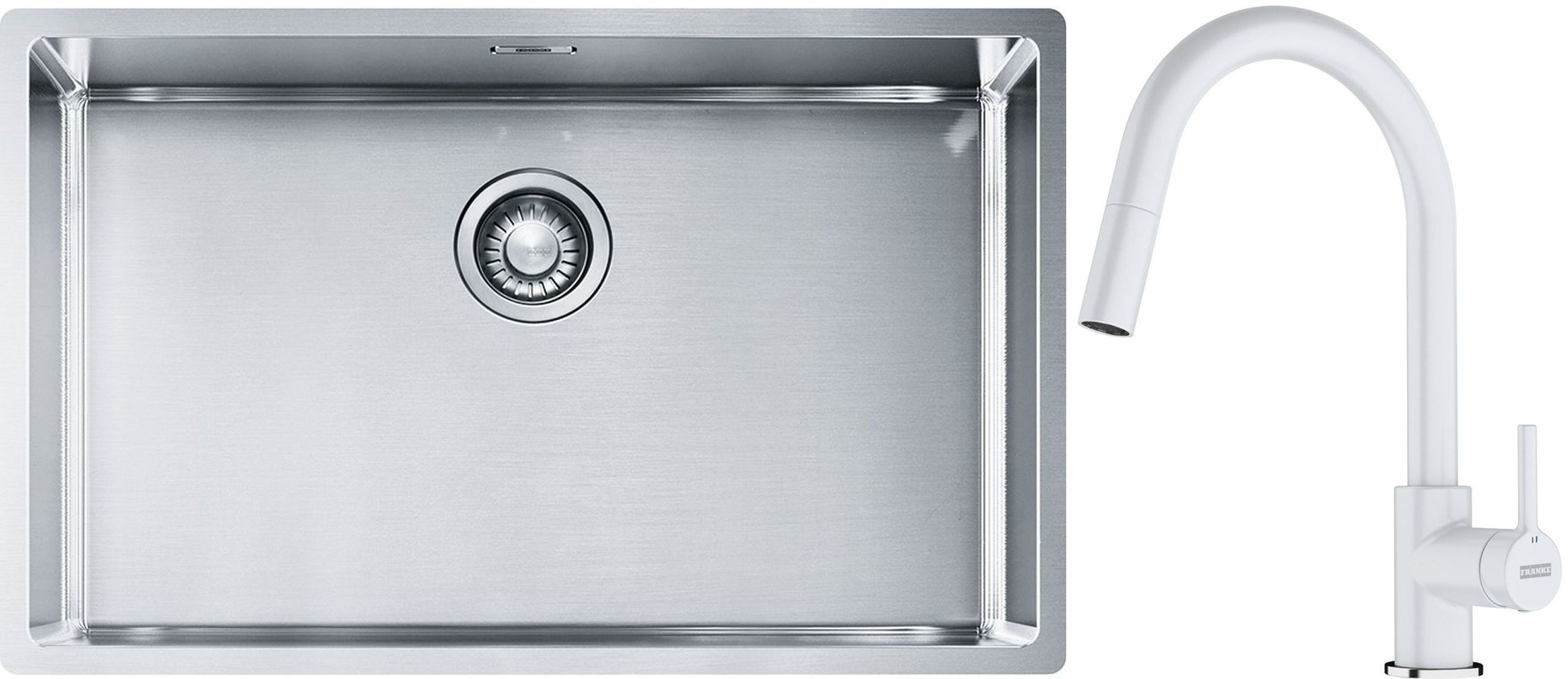 Sada ocelový dřez Franke Box 127.0453.658, kuchyňská baterie Franke Lina 115.0626.081