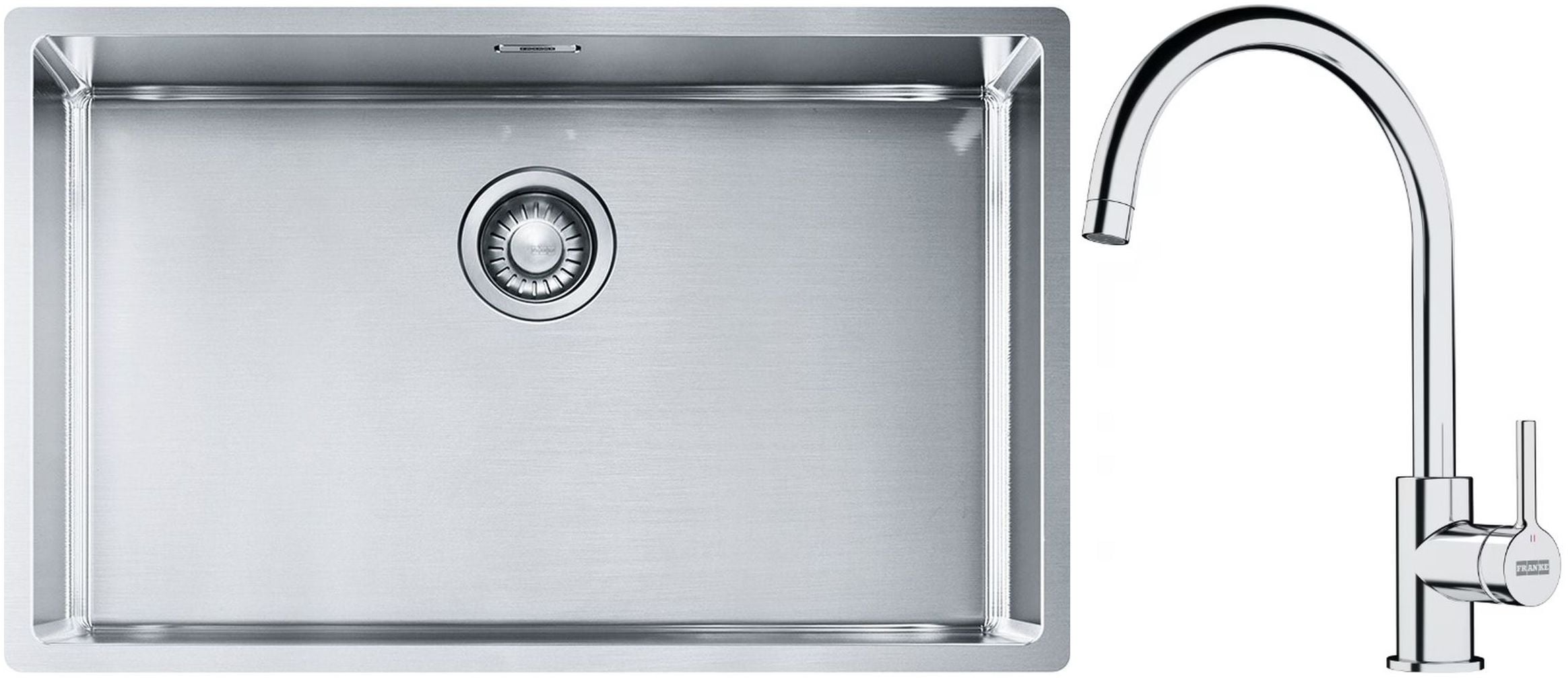 Sada ocelový dřez Franke Box 127.0453.658, kuchyňská baterie Franke Lina 115.0693.228