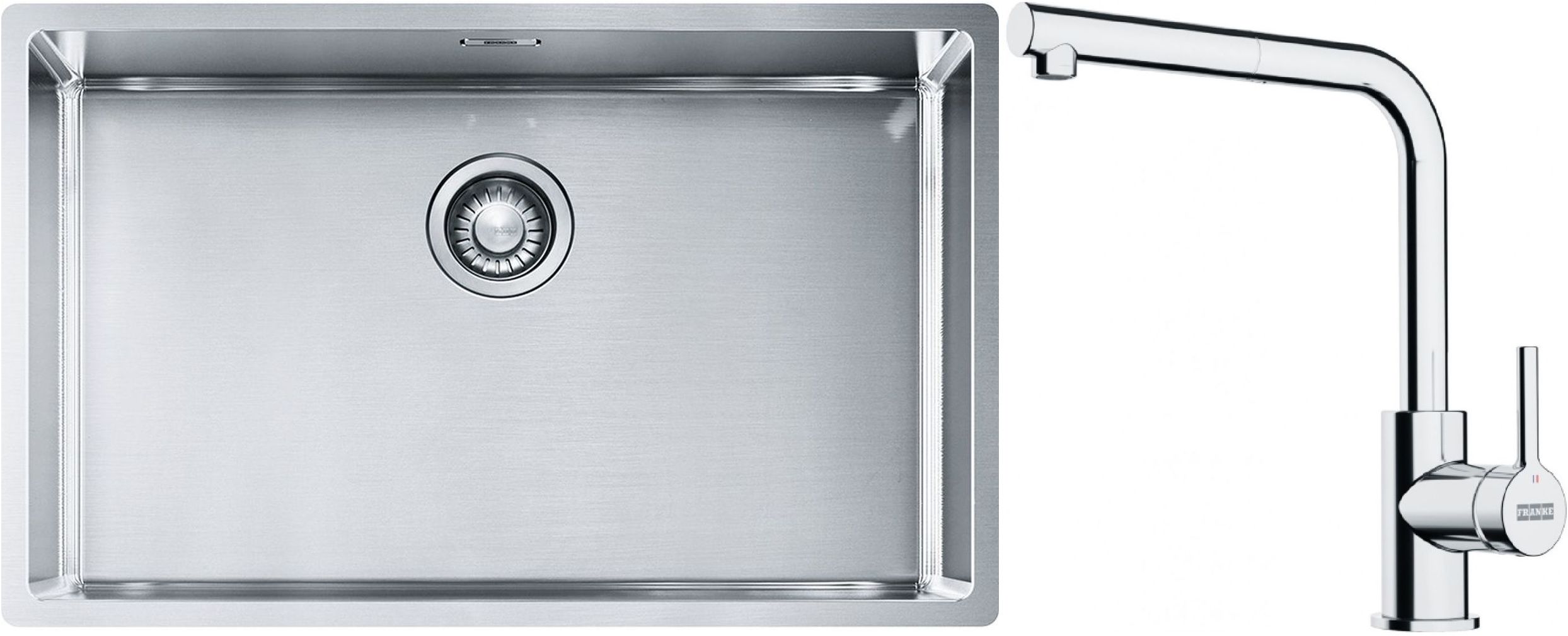 Sada ocelový dřez Franke Box 127.0453.658, kuchyňská baterie Franke Lina 115.0712.420