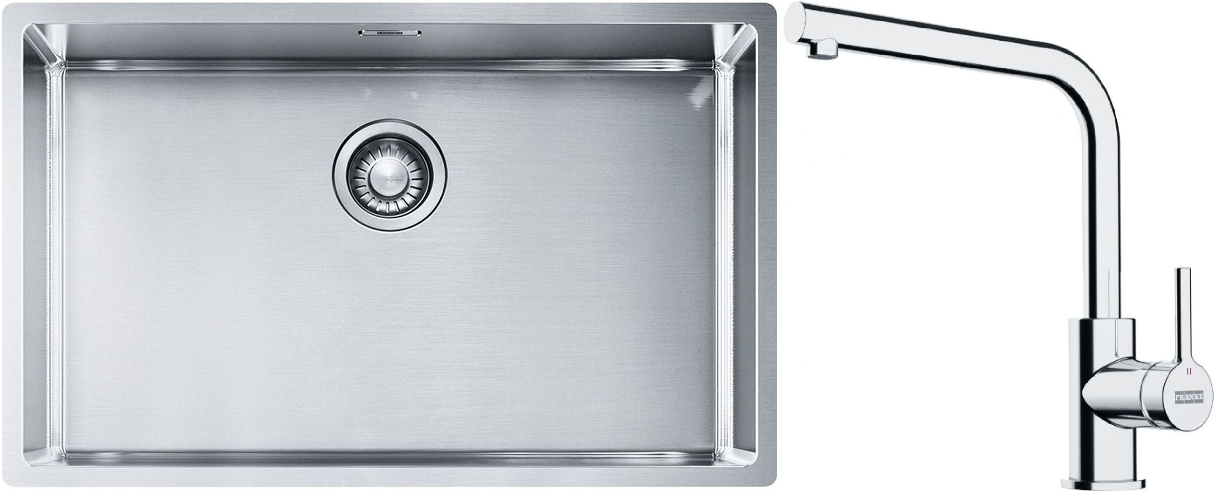 Sada ocelový dřez Franke Box 127.0453.658, kuchyňská baterie Franke Lina 115.0693.230