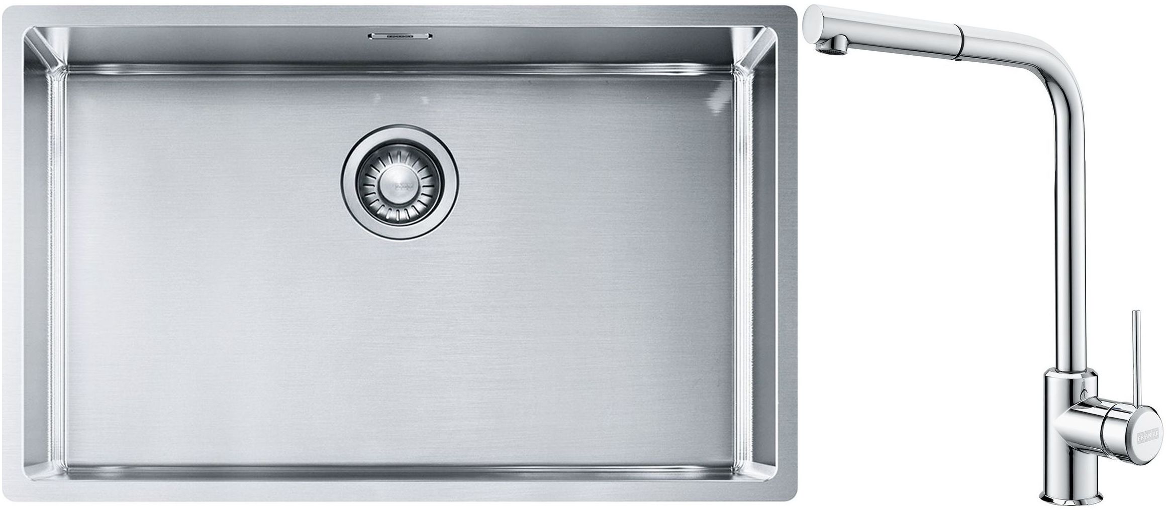 Sada ocelový dřez Franke Box 127.0453.658, kuchyňská baterie Franke Sirius Side 115.0668.280
