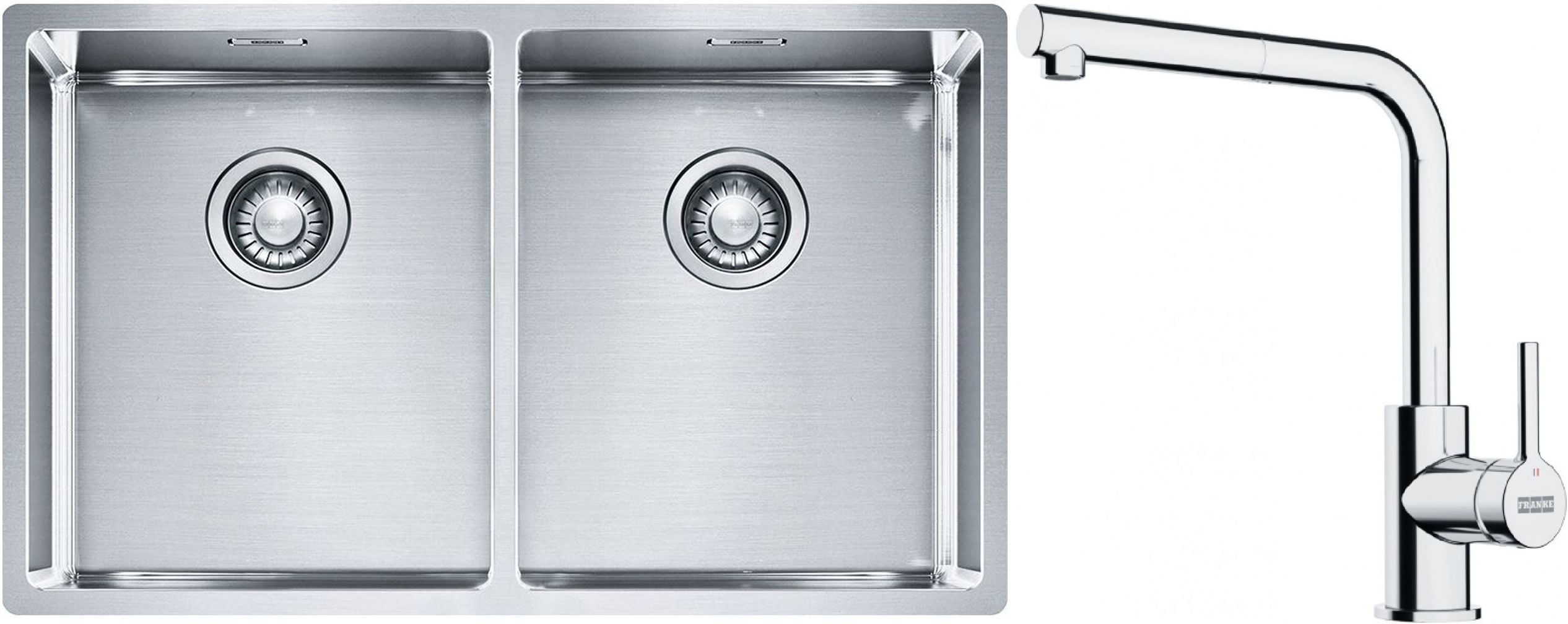 Sada ocelový dřez Franke Box 127.0370.188, kuchyňská baterie Franke Lina 115.0712.420