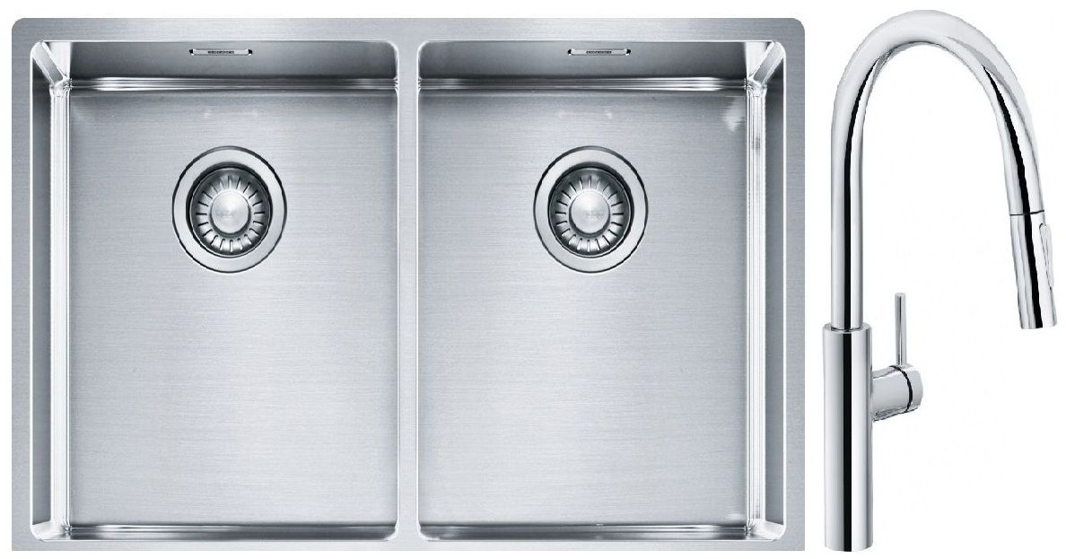 Sada ocelový dřez Franke Box 127.0370.188, kuchyňská baterie Franke Pescara L Slide-In 115.0538.940