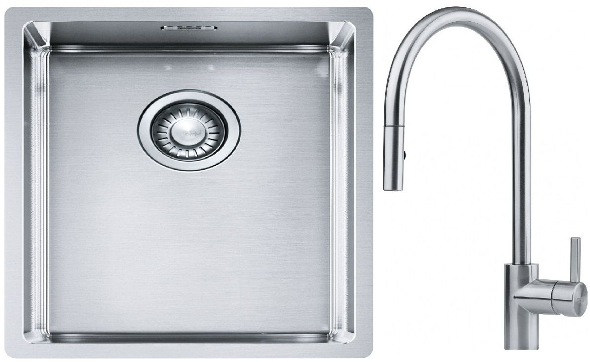 Sada ocelový dřez Franke Box 127.0453.653, kuchyňská baterie Franke Eos 115.0590.045
