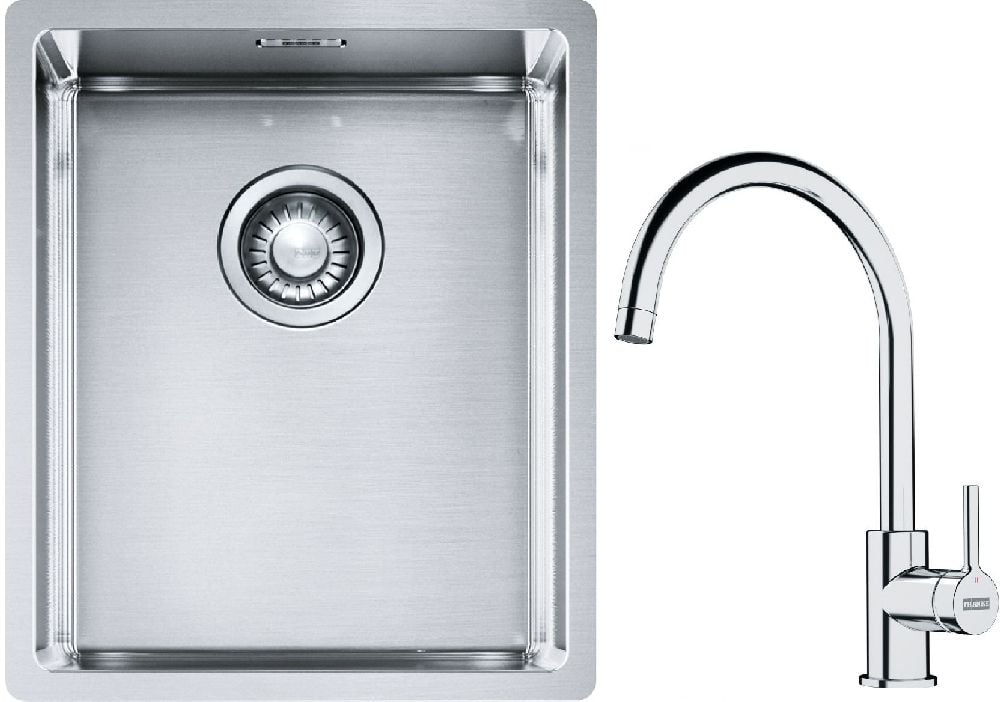 Sada ocelový dřez Franke Box 127.0453.653, kuchyňská baterie Franke Lina 115.0693.228