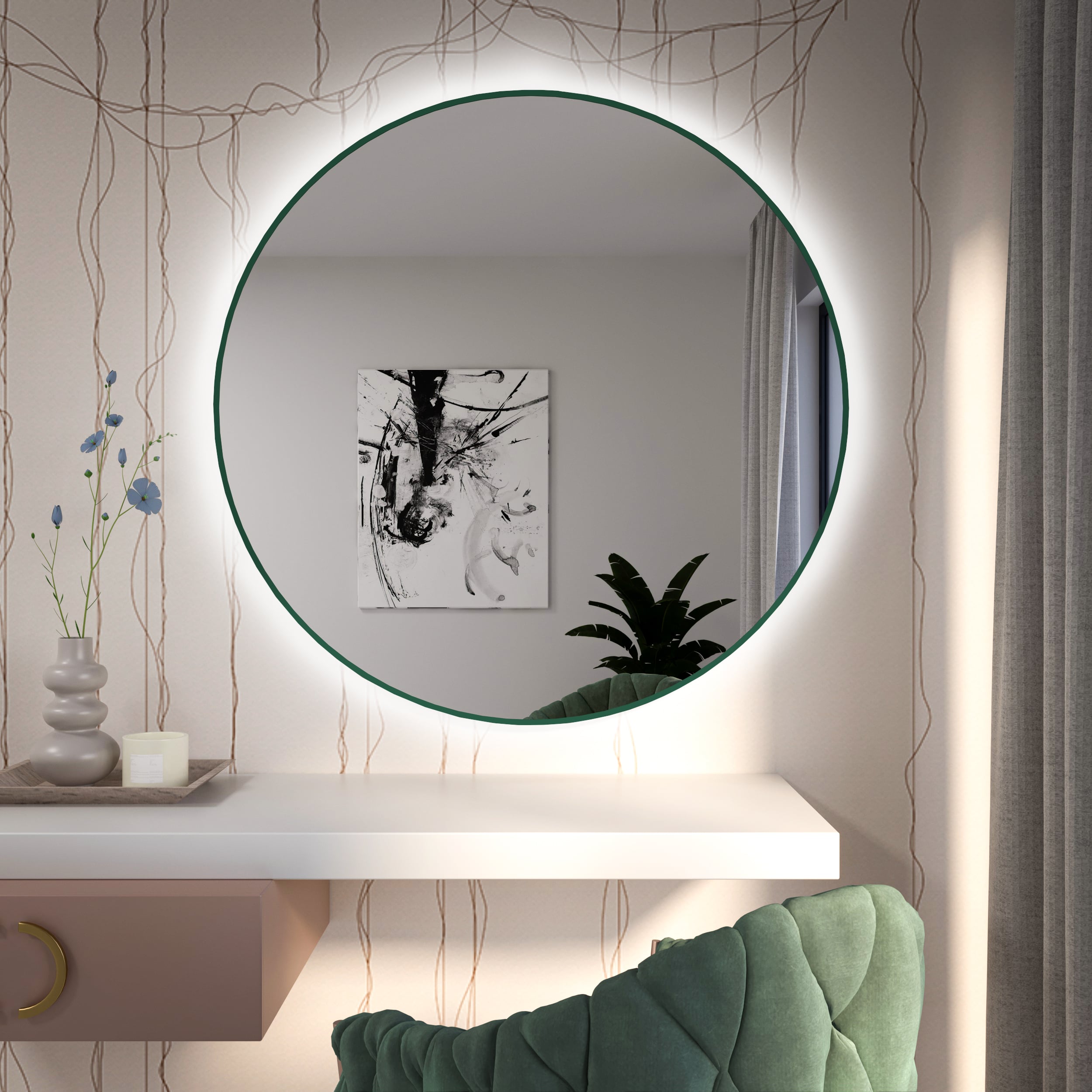 Baltica Design Tiny Border Bright zrcadlo 60x60 cm kulatý s osvětlením zelená 5904107930923