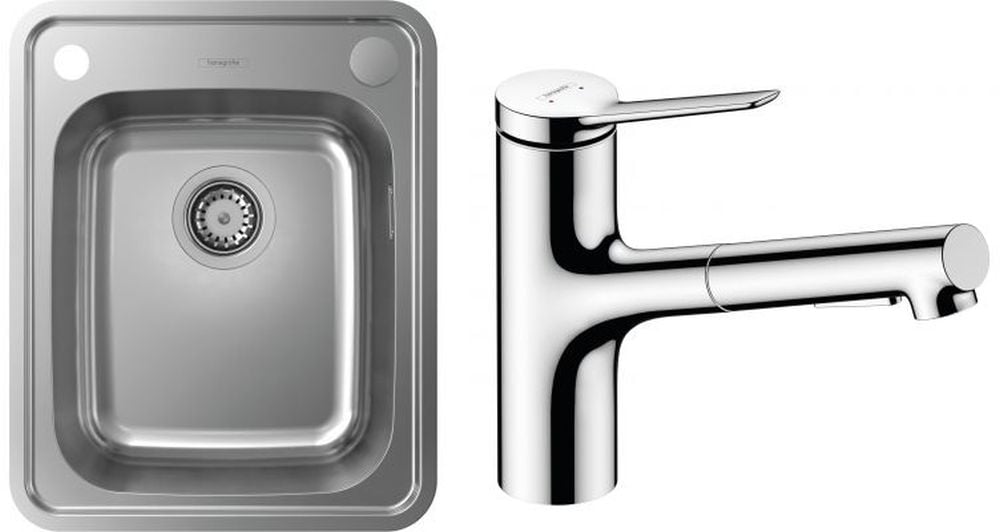 Sada ocelový dřez Hansgrohe S41 43334800, kuchyňská baterie Hansgrohe Zesis M33 74800000