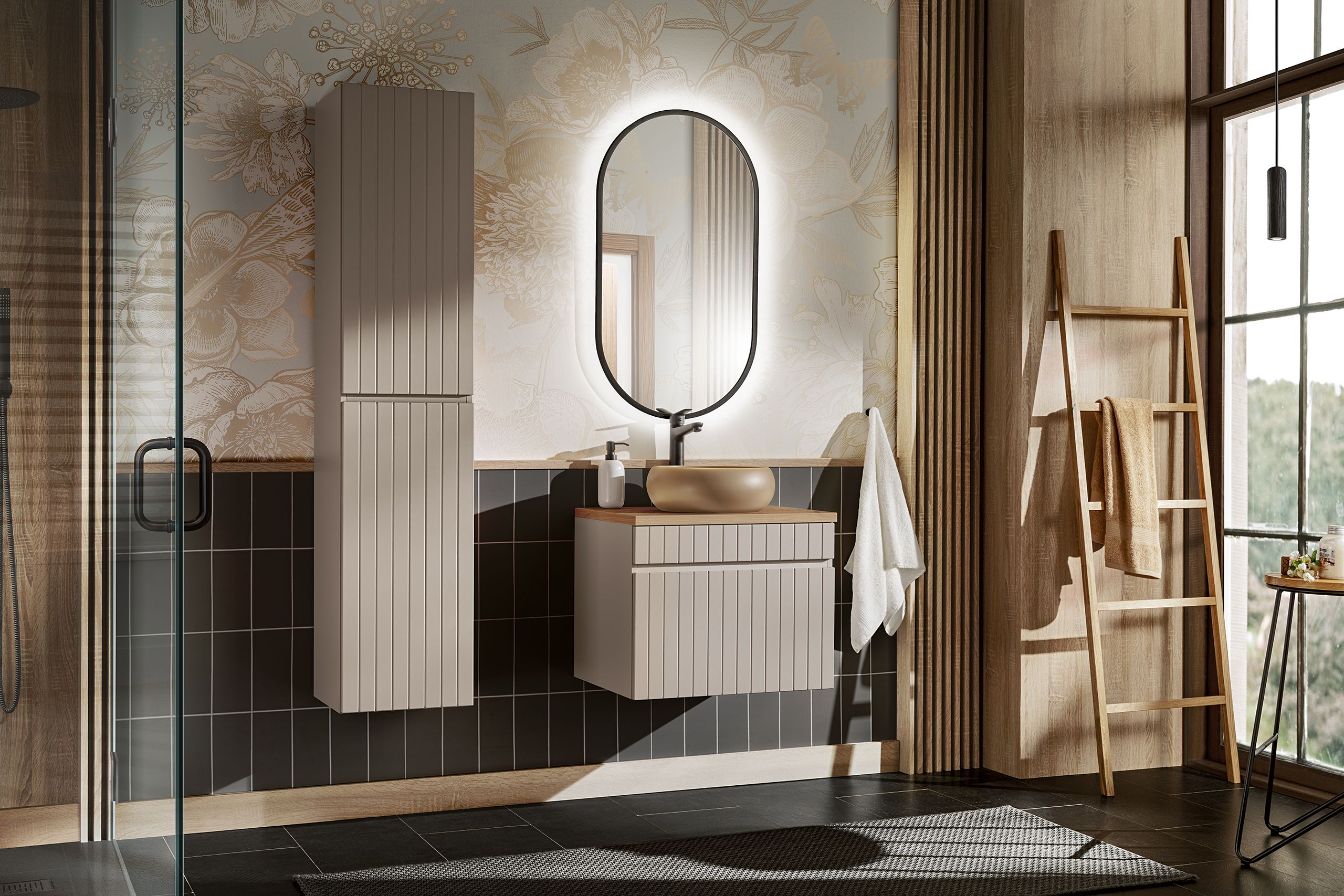 Sada zrcadlo Comad Apollo LUSTRO APOLLO BLACK, skříňka Comad Iconic Cashmere ICONIC CASHMERE 80-01-D-2D, ICONIC CASHMERE 82-60-D-1S, UN-WIKI-MC, BLAT 89-60-A OAK COAST EVOKE