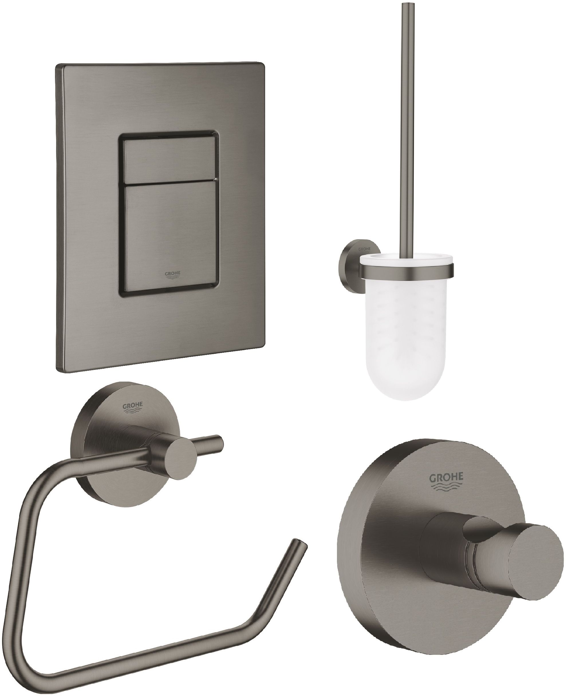 Sada splachovací tlačítko Grohe Skate 38732AL0, záchodová štětka Grohe Essentials 40374AL1, 40689AL1, 40364AL1