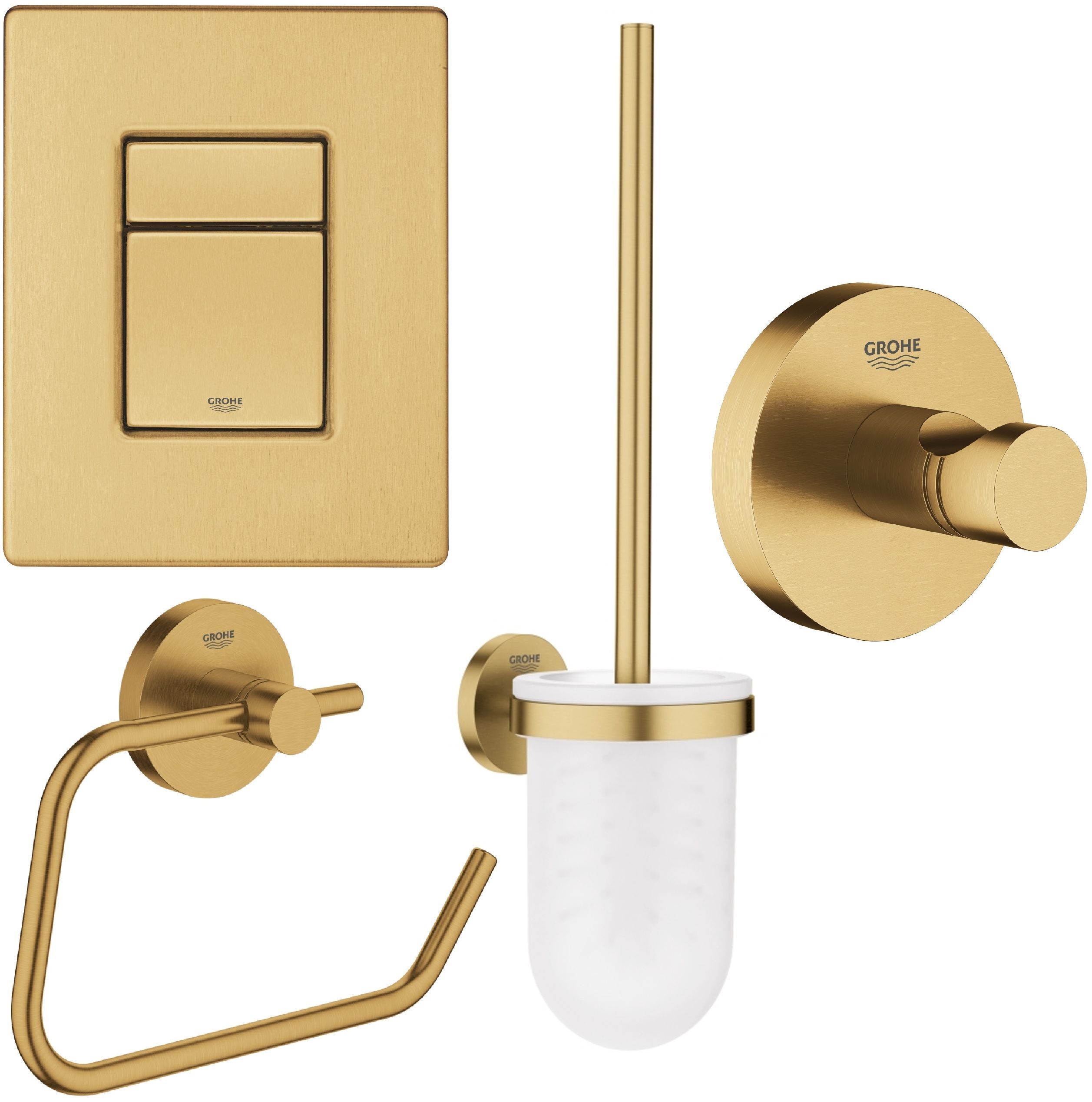 Sada splachovací tlačítko Grohe Skate 38732GN0, záchodová štětka Grohe Essentials 40374GN1, 40689GN1, 40364GN1