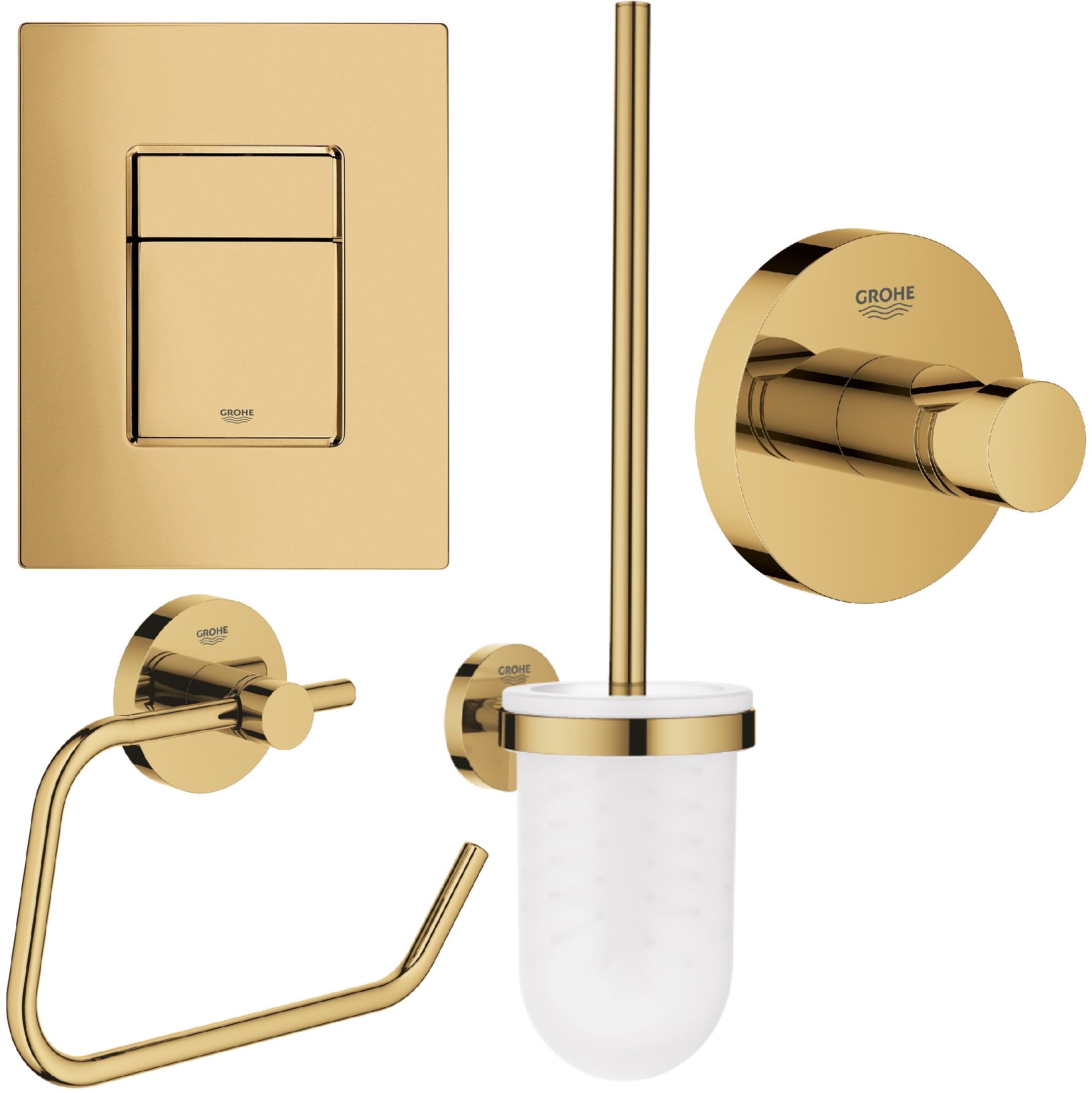 Sada splachovací tlačítko Grohe Skate 38732GL0, záchodová štětka Grohe Essentials 40374GL1, 40689GL1, 40364GL1