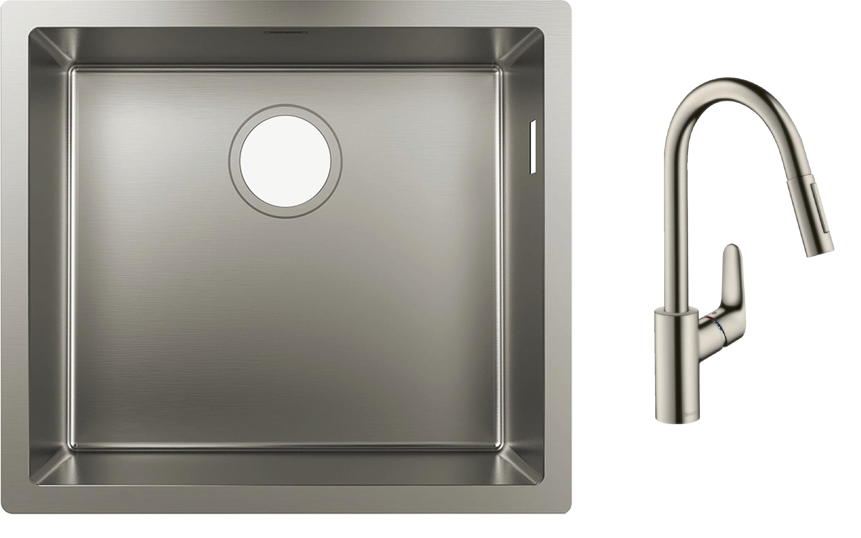 Sada ocelový dřez Hansgrohe S 71 43427800, kuchyňská baterie Hansgrohe Focus M41 31815800