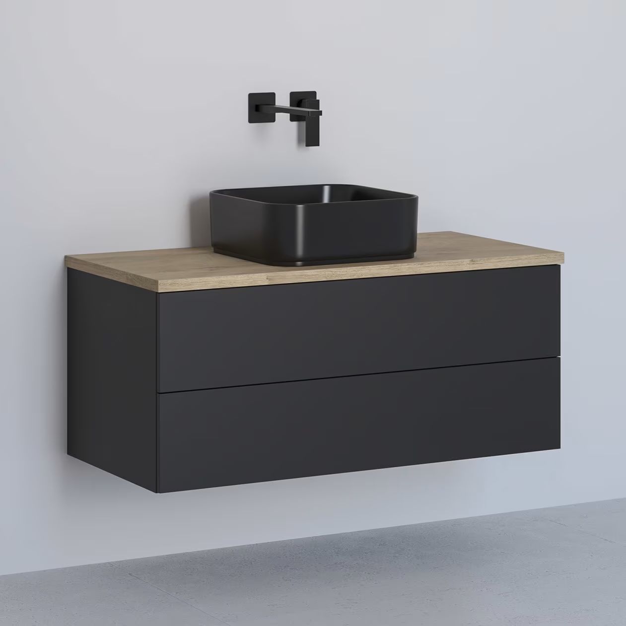 Kronenbach Cube skříňka s deskou 101x48.7x44.5 cm pod umyvadlo závěsná černá-dub KBWTKOWTL1012SMGH