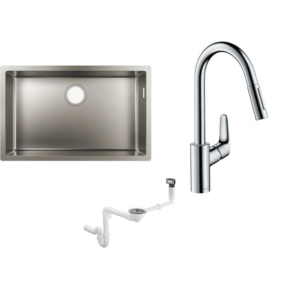 Sada ocelový dřez Hansgrohe S 71 43428800, kuchyňská baterie Hansgrohe Focus M41 31815000, 43921800