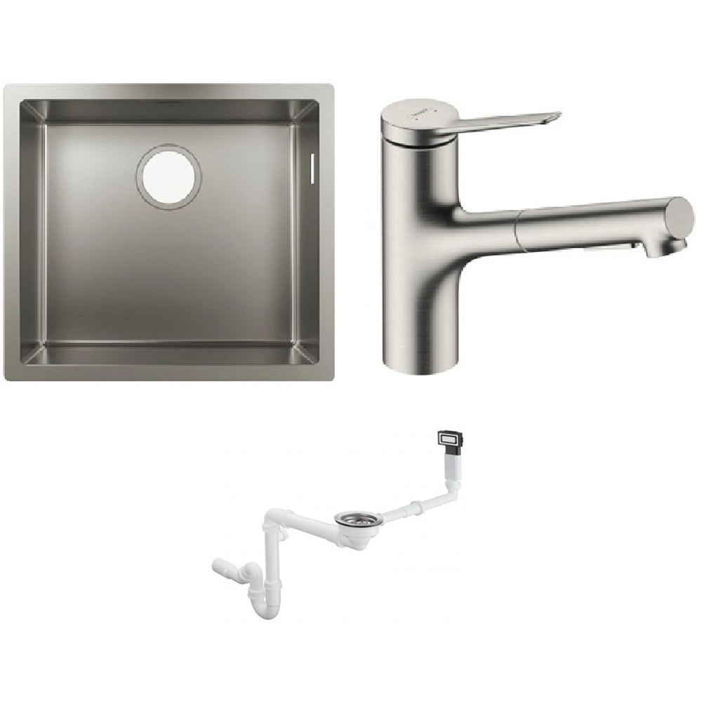 Sada ocelový dřez Hansgrohe S 71 43427800, kuchyňská baterie Hansgrohe Zesis M33 74800800, 43921800