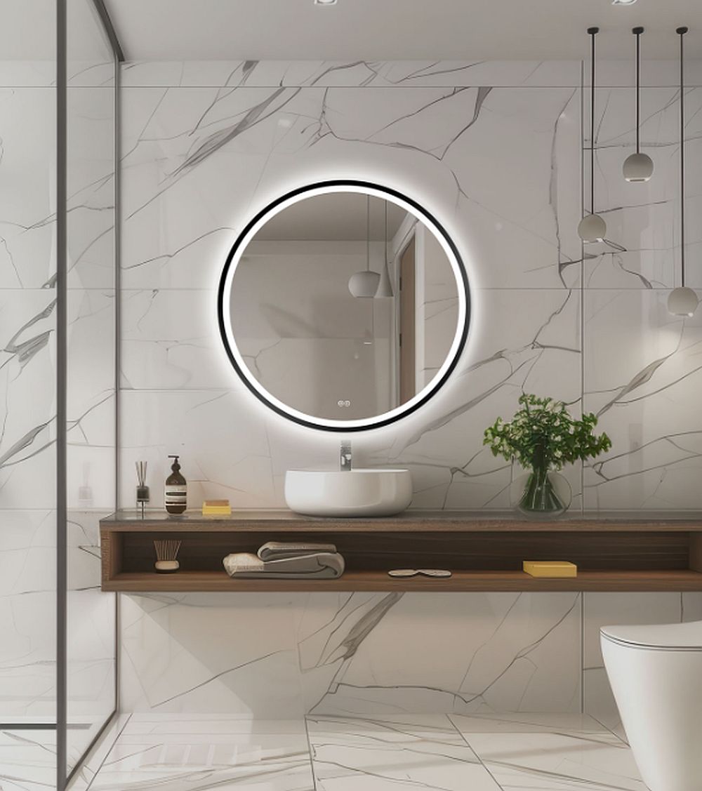 Venti Orion Black zrcadlo 60x60 cm kulatý s osvětlením s vyhřívací podložkou černá 5905951180342