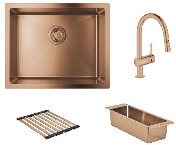 Sada ocelový dřez Grohe K700U 31574DL1, kuchyňská baterie Grohe Minta 32321DL2, 40852DL0, 40856DL0