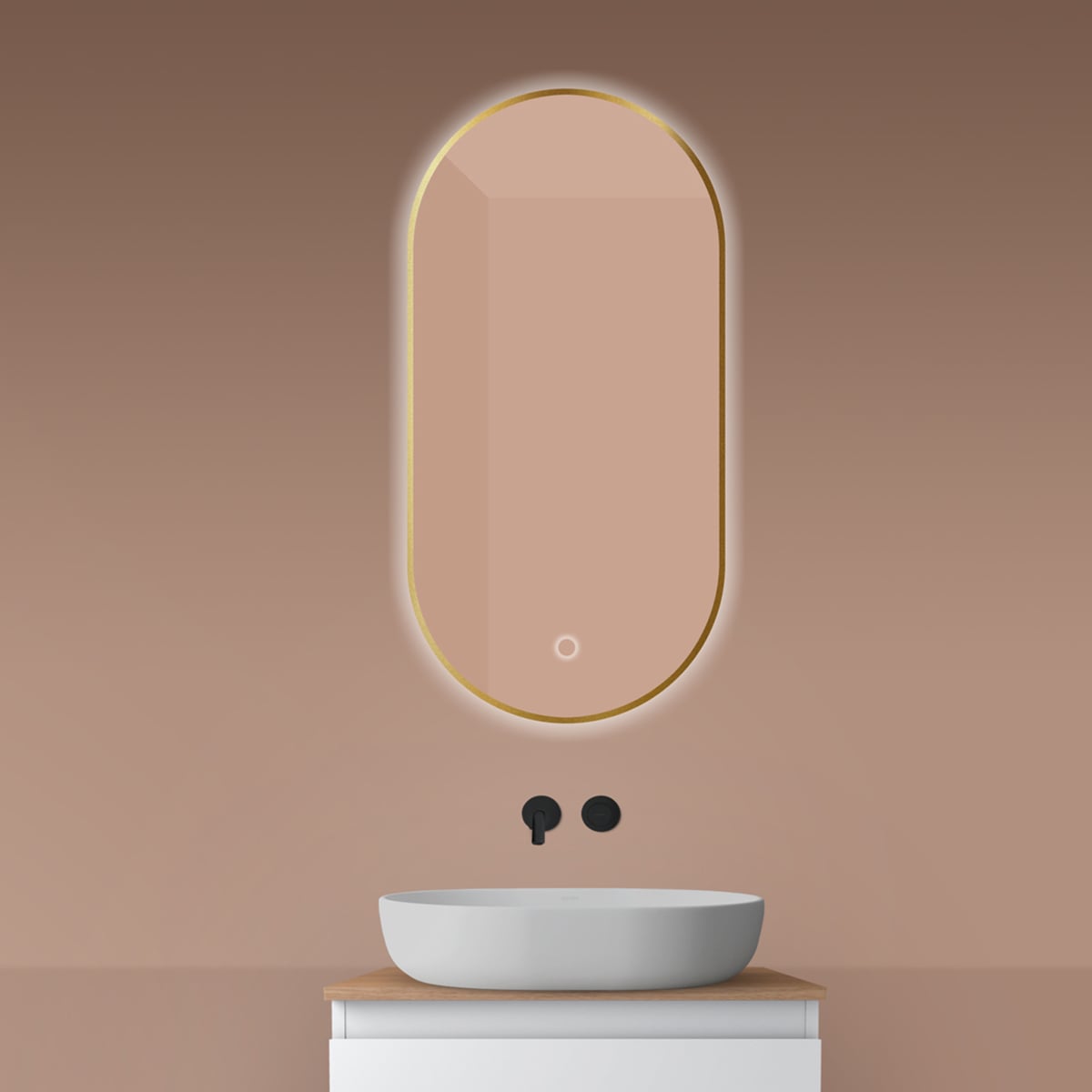 Oltens Nordlis zrcadlo 50x100 cm oválný s osvětlením s vyhřívací podložkou zlatá 64129810