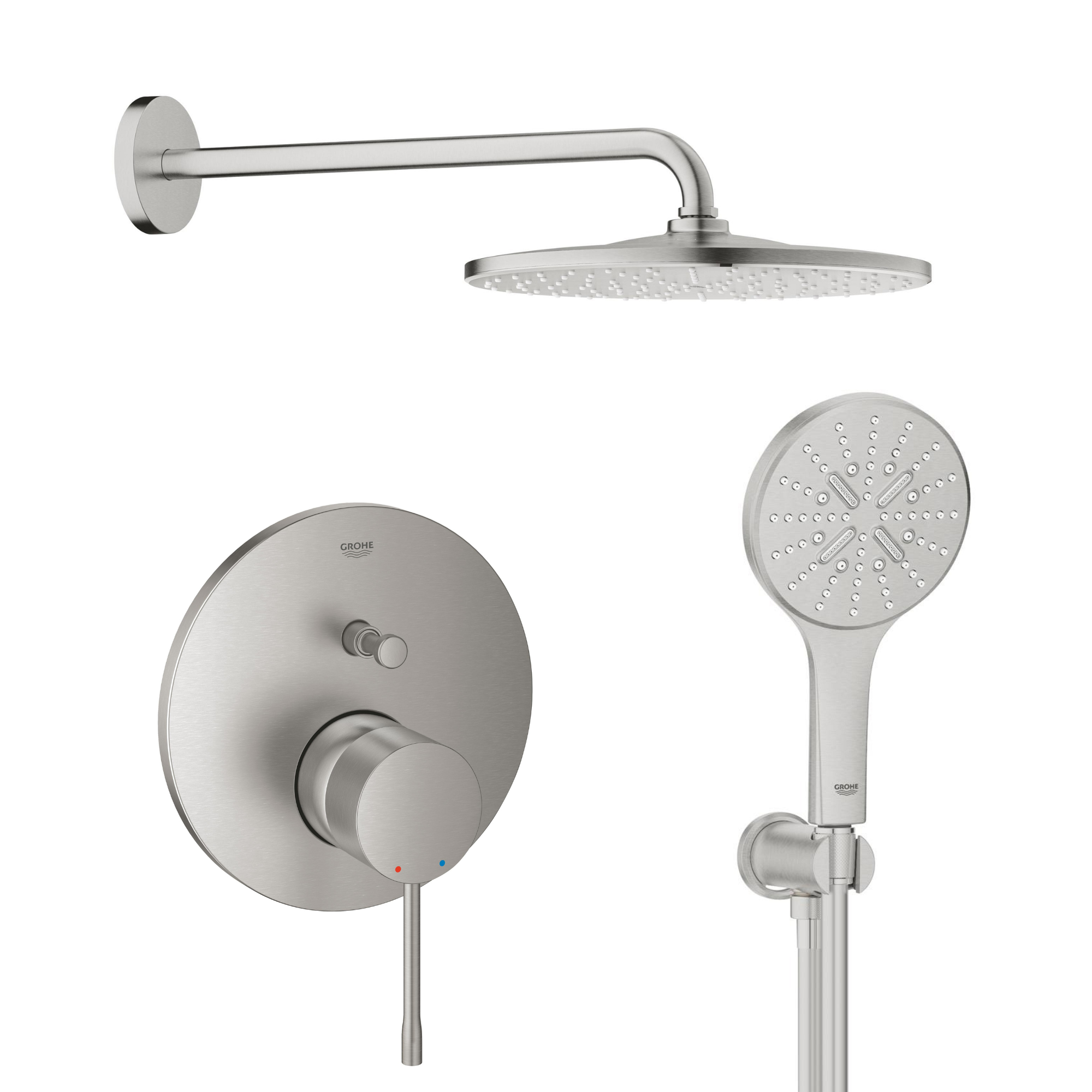 Sada hlavová sprchá s ramenem Grohe Rainshower 26558DC0, vanová baterie Grohe Essence 24058DC1, 26574DC0, 26658DC0, 28362DC1