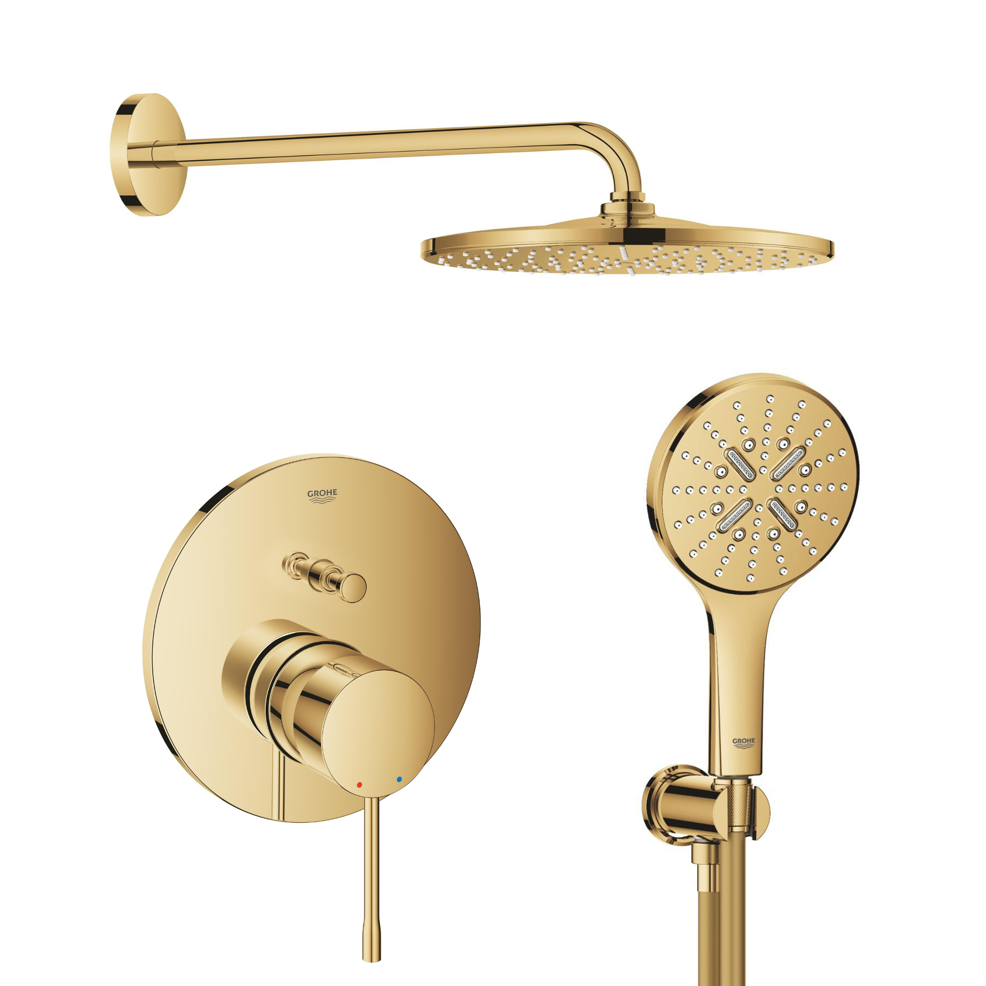 Sada hlavová sprchá s ramenem Grohe Rainshower 26558GL0, vanová baterie Grohe Essence 24058GL1, 26574GL0, 26658GL0, 28362GL1