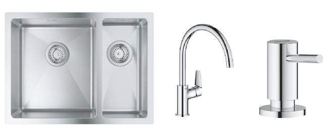 Sada ocelový dřez Grohe K700 31577SD1, kuchyňská baterie Grohe Start Edge 30529001, 40535000