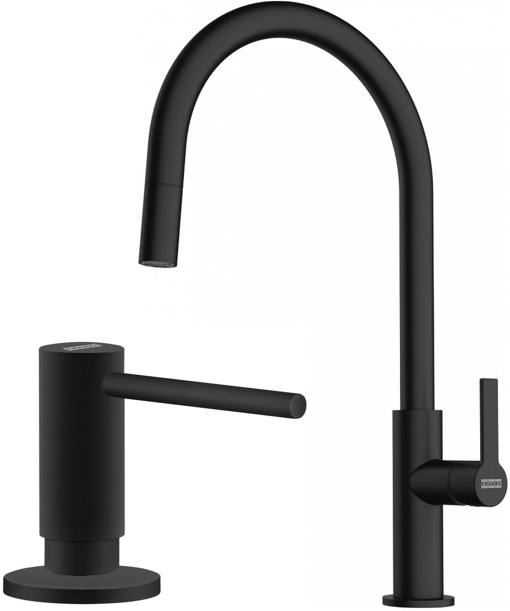 Sada kuchyňská baterie Franke Maris Slim J Pull-Out 115.0728.389, dávkovač tekutin Franke Active SM 119.0547.906