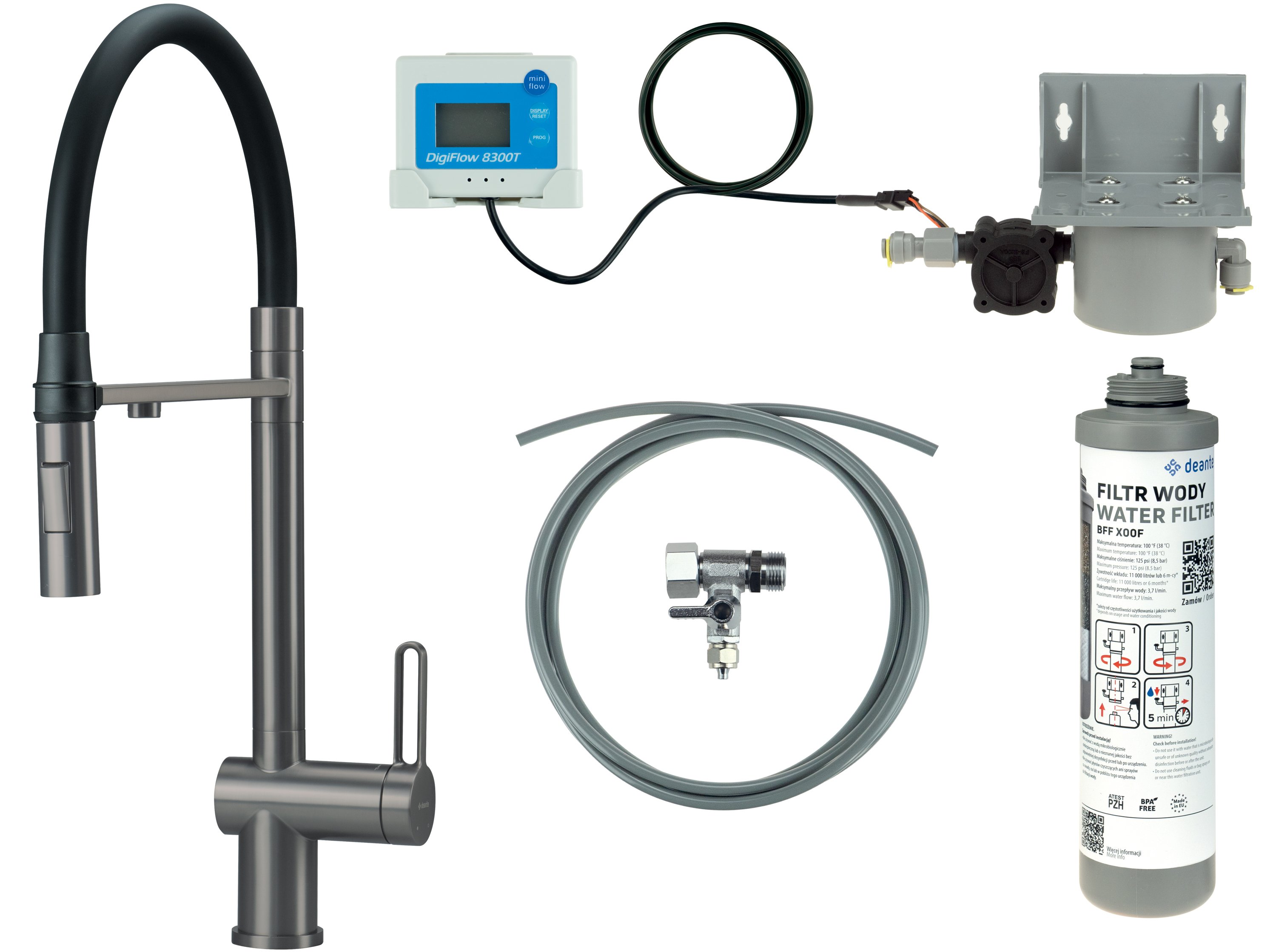 Deante Magnetic startovací sada s kuchyňskou baterií stojící grafitová/šedá BRMFD75M