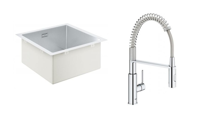 Sada ocelový dřez Grohe K700 31578SD1, kuchyňská baterie Grohe Get 30361000