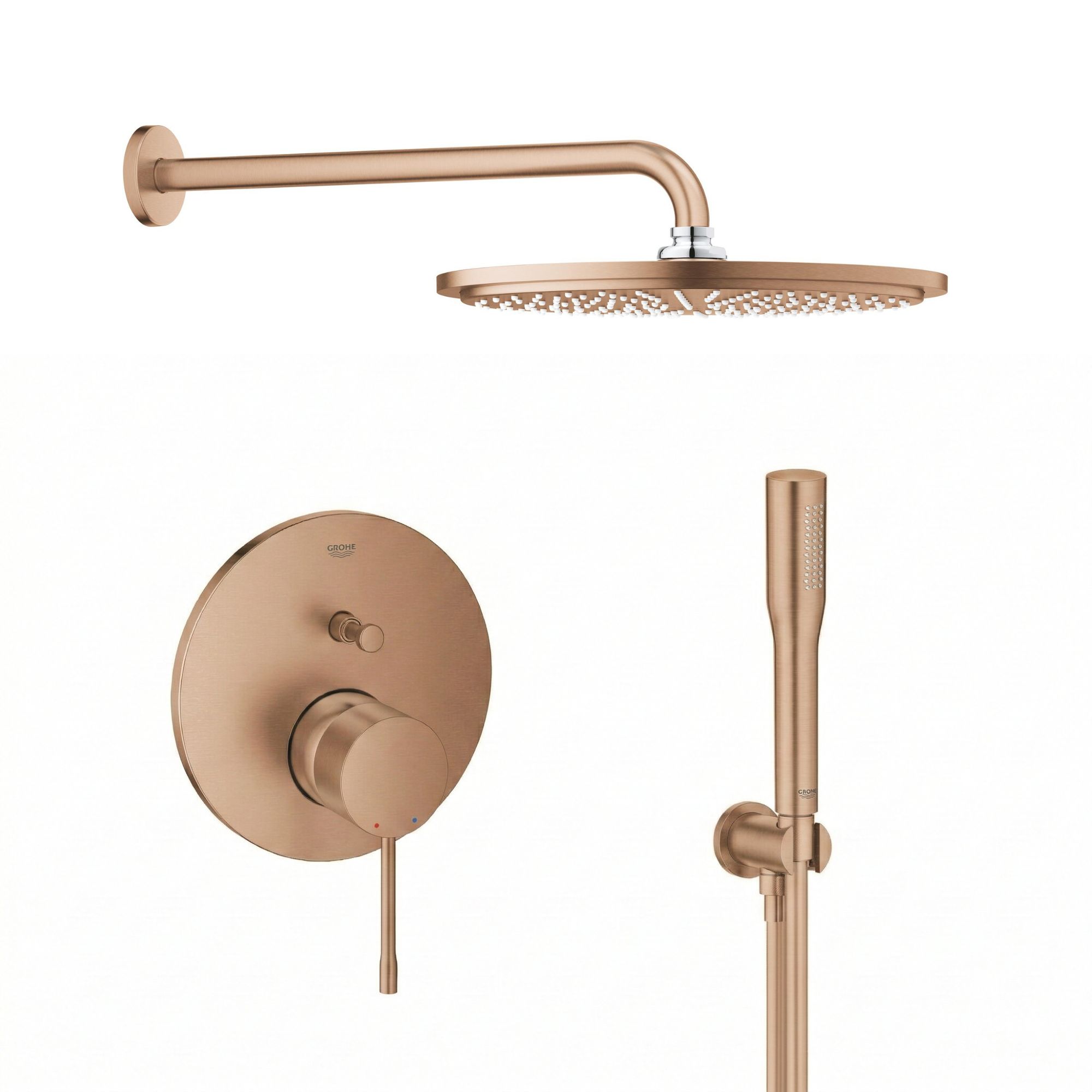 Sada hlavová sprchá s ramenem Grohe Rainshower 26066DL0, vanová baterie Grohe Essence 24058DL1, 26658DL0, 27400DL0, 28388DA1